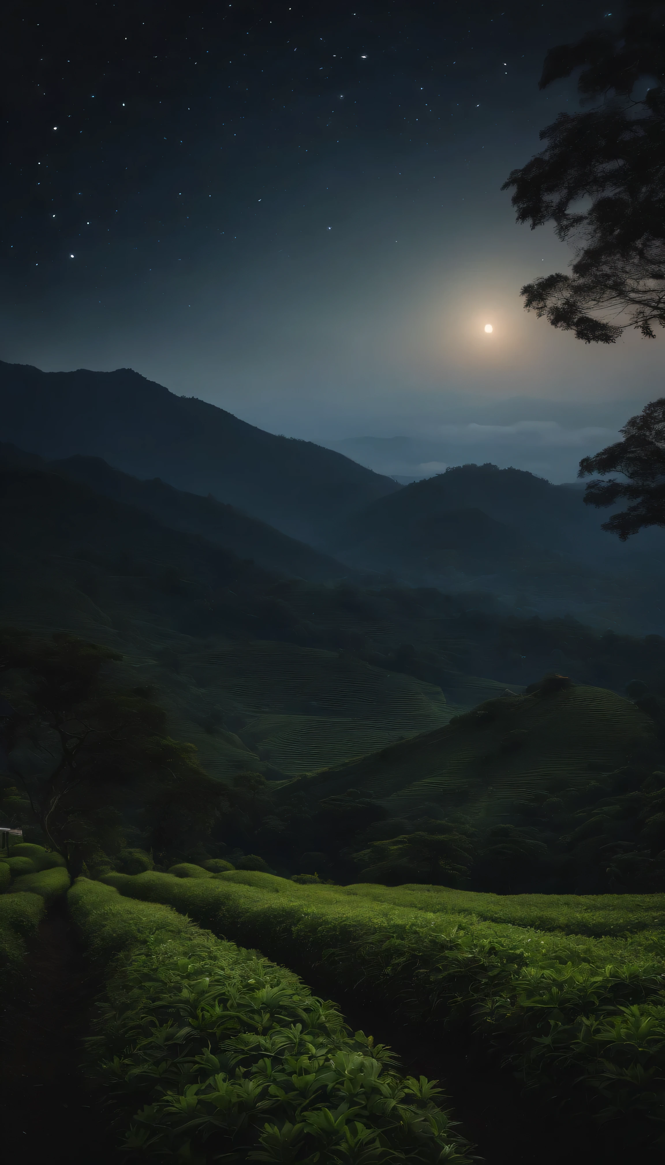night atmosphere, Bogor peak, tea gardens, moon, stars in the sky