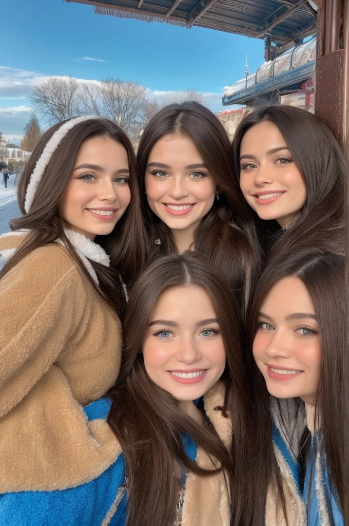 Casual photograph, best quality, 8K, hyper detailed, half body, A close up portrait of three gorgeous, beautiful, wonderful women, argentinian, peruvian and russian females together posing for the camera. Women have super long hair, argentinian girl has brown hair, peruvian girl has brunette hair, and russian girl has light brown hair. They are wearing winter outfits, They are wearing leather jackets. The three girls are wonderful, dream, ethereal, timeless, majestic beauties from Argentina, Perú and Russia, two hispanics and one slavic dream beauties who comes to the hearts. They're glad, smiling and enjoying a day at park in winter. True friendship, they pose happy for the camera. Railway station at background.