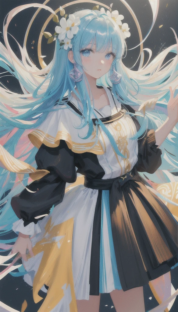(masterpiece), (best quality), (ultra detailed),(disheveled hair),(illustration), (1girl), (Fashionable clothing), standing, Fashion model, looking at viewer, (interview), (simple background),beautiful detailed eyes, delicate beautiful face, Floating,(high saturation),(colorful splashes),colorful bubble,(shining), focus on face, kamisato ayaka, light blue hair, bangs, hair ring, floating flowers, floating hairs.Girl, anime waifu, looking at viewer, highlydetailed, reflections transparent iridescent colors, long transparent iridescent RGB hair, artby Serafleur from artstation, thick acrylic,illustration on pixiv, waist up portrait, gorgeoussacred girl, best quality, ultra detailed,sad,clever,beautiful face , beautiful lighton black background, Character stvle renderedby Octane,