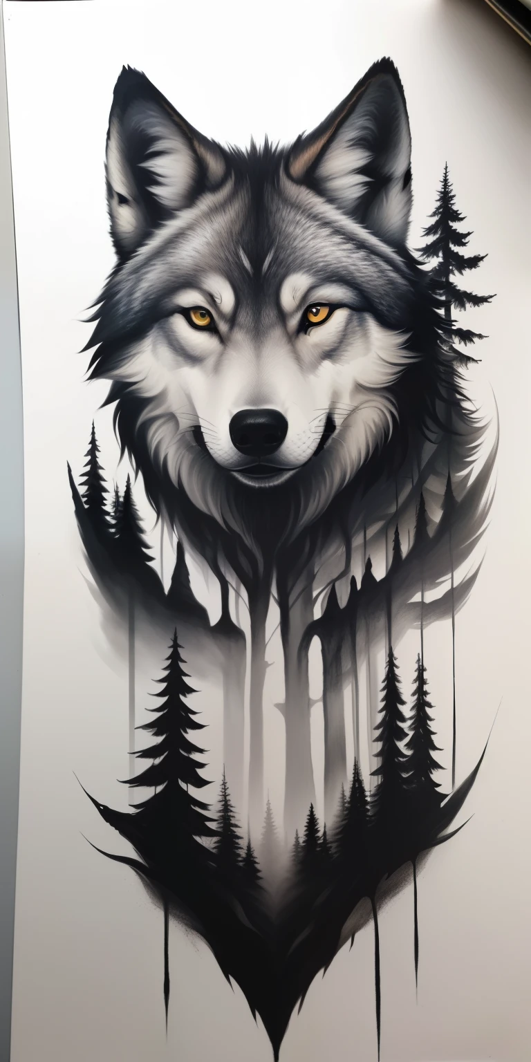 a close up of a drawing of a wolf with trees in the background, monochrome airbrush painting, airbrush, based on Wolf Huber, detailed airbrush искусство, extremely high quality work of art, airbrush искусство, soft airbrush, dark grey wolf, The Art of Airbrushing, airbrush on canvas, wolf, airbrush, ink