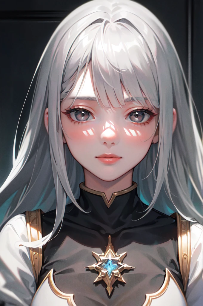 (masterpiece, side illumination, finely detailed beautiful gray eyes: 1.2), masterpiece*portrait, realism, 3d face, shiny skin, long white hair, bangs