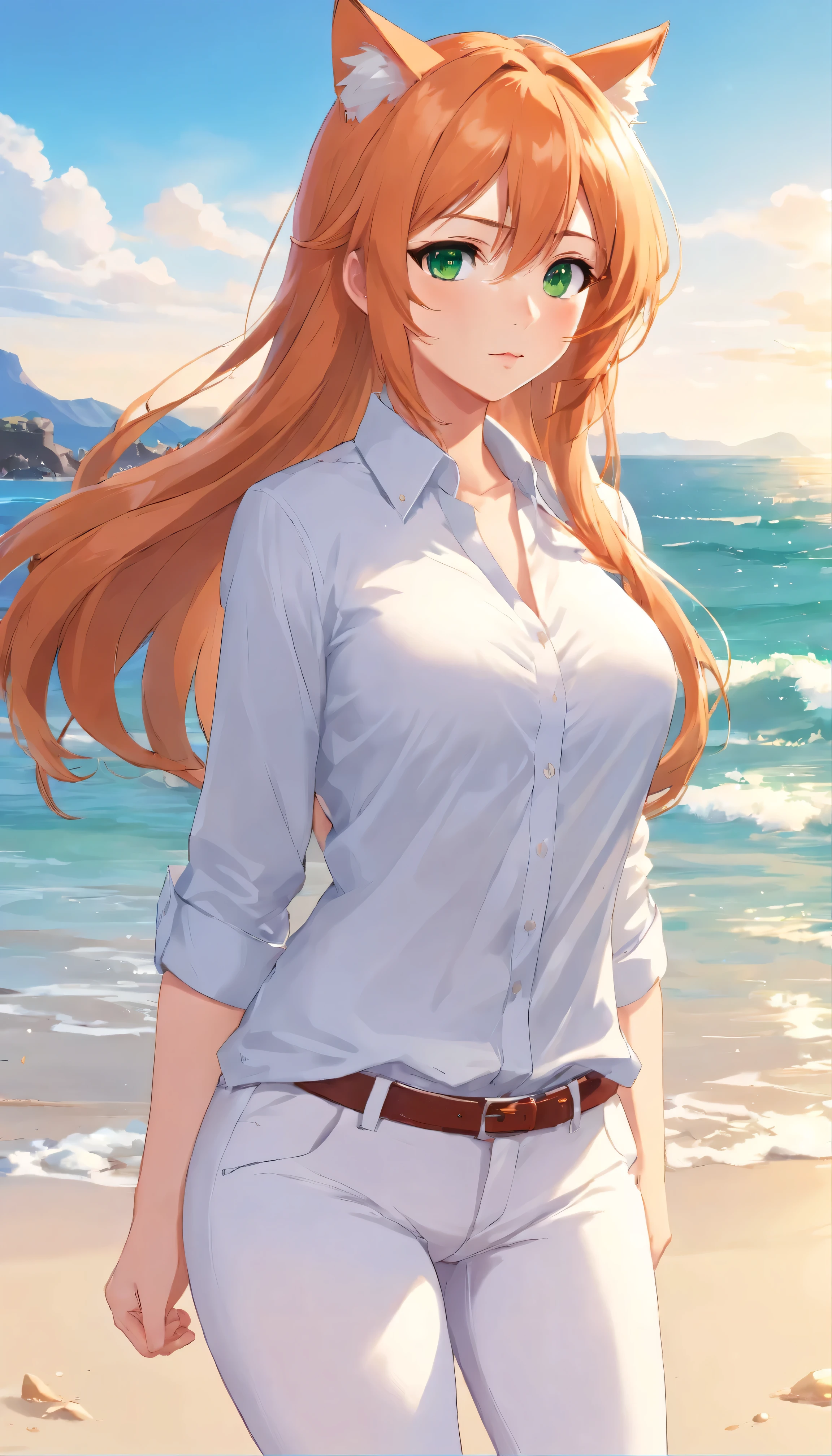(masterpiece, Best quality), 8K, ultra detailed, realistic photo, Detailed face, perfect lighting, green eyes, bright orange hair, bright hair, fox ears, nice legs, side photo, beautiful, Cute, skin pores, 1 girl, perfect shirt, fully dressed, beautiful women 30 years old, Beautiful proportions, Russian woman, Caucasian, European, Business lady, stunningly beautiful woman, mother, thick legs, show ass, big breasts, (Thin white shirt:1.4), thick, hot, (White Office Wear:1.4), tight pants, (wide hips:1.2), thick, (white Office pants:1.3), spread your legs, Legs open, full length, wide hips, Glasses, with long orange hair, standing on the beach near the ocean, green eyes detailed digital anime art, cat ear, anime girl with long hair, гладкое аниме cg art, anime girl with long hair, digital anime art, work in Guweiz style, Beautiful anime portrait, Photorealistic render of an anime girl, pantyhose, Beautiful anime girl, advanced digital anime art, guweiz на artstation pixiv HD UHD HQ
