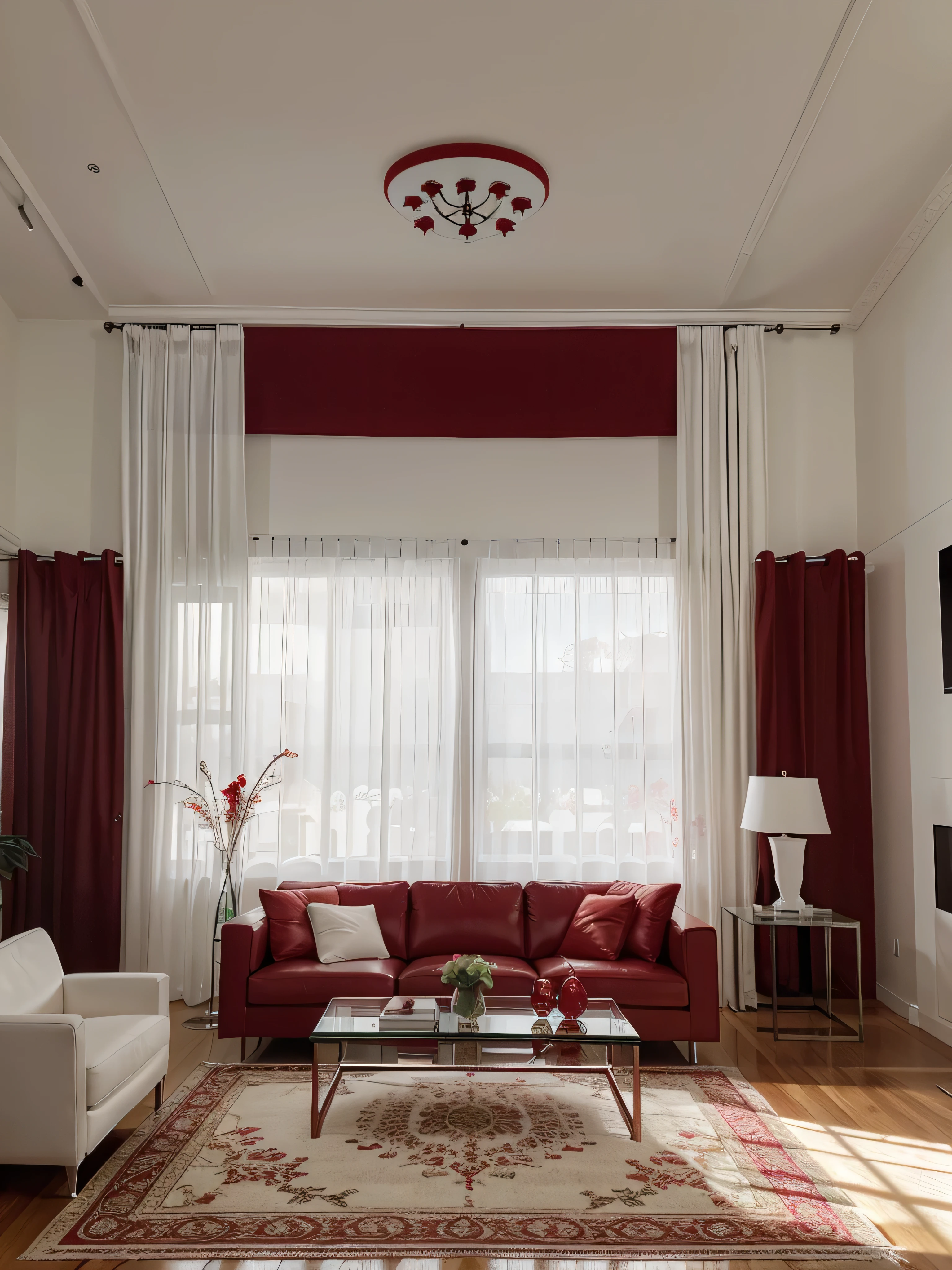 Modern living room with a sleek design featuring a large white sectional sofa accented with red pillows and a matching red area rug. The room includes a black coffee table with books and red floral arrangements, and a wall-mounted flat-screen TV with a console beneath. Behind the TV is a decorative panel with a red and white floral pattern. Floor-to-ceiling windows with sheer white curtains and bold red drapes provide natural light. Additional elements include red vases on the console and a contemporary chandelier with hanging bulbs. The ceiling has recessed lighting and the flooring is shiny white tile. wide layout