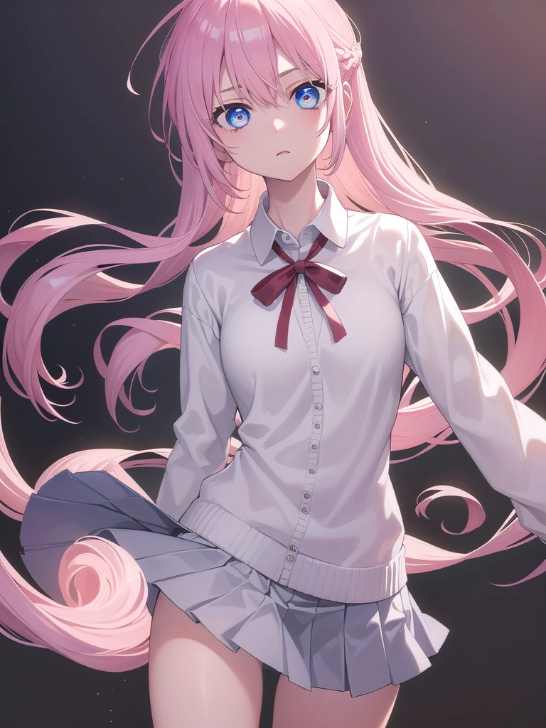 no background,white background,miyakoshikimori（1:5）, miyako shikimori, long hair, blue eyes, hair between eyes, pink hair, break skirt, shirt, , white shirt, pleated skirt, collared shirt, sweater, gray skirt, ribbon, red ribbon, BREAK White background,break (masterpiece:1.2), highest quality, High resolution, unity 8k wallpaper, (shape:0.8), (fine and beautiful eyes:1.6), highly detailed face, perfect lighting, Very detailed CG, (perfect hands, perfect anatomy),