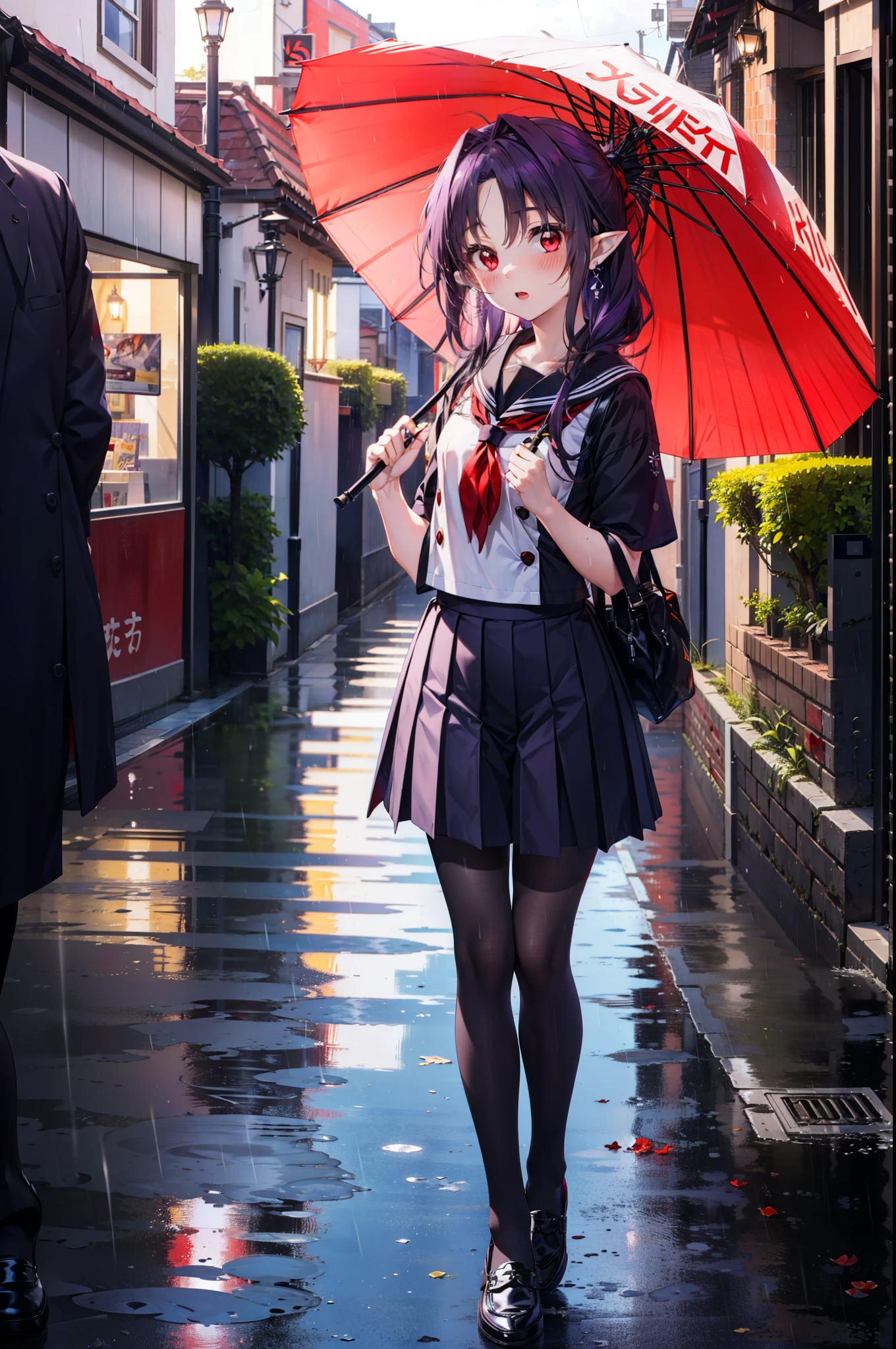 yuukikonno, Yuki Konno, hair band, Long Hair, Pointy Ears, Purple Hair,blush, Embarrassing,(Red eyes:1.5), (Small breasts:1.2), Open your mouth, uniform(Black sailor suit),Short sleeve,Black pleated skirt,black tights,Brown Loafers,rain,cloudy,umbrella,whole bodyがイラストに入るように,
break looking at viewer,  whole body,
break outdoors, city,Building Street,
break (masterpiece:1.2), highest quality, High resolution, unity 8k wallpaper, (shape:0.8), (Fine and beautiful eyes:1.6), Highly detailed face, Perfect lighting, Highly detailed CG, (Perfect hands, Perfect Anatomy),