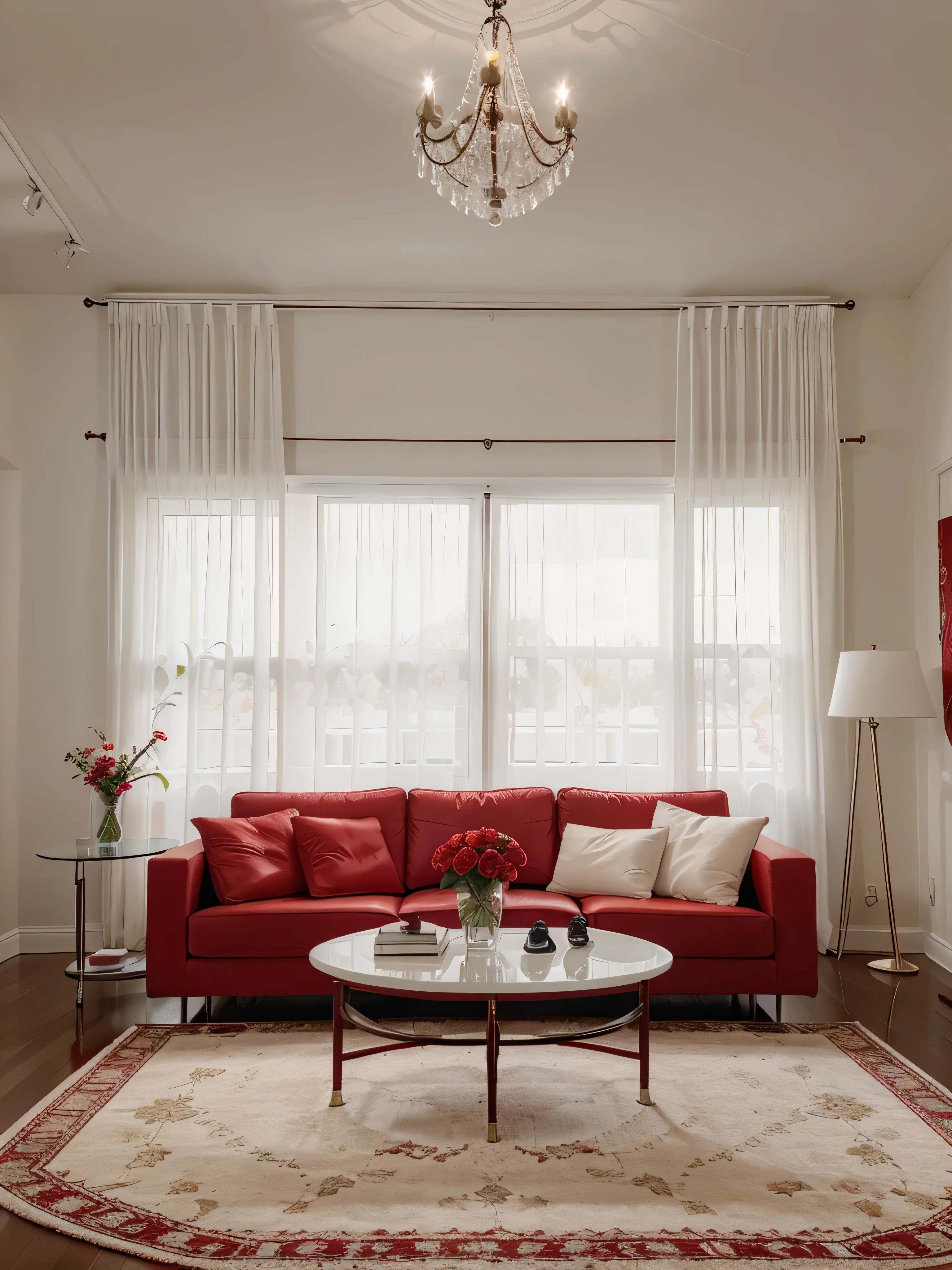 Modern living room with a sleek design featuring a large white sectional sofa accented with red pillows and a matching red area rug. The room includes a black coffee table with books and red floral arrangements, and a wall-mounted flat-screen TV with a console beneath. Behind the TV is a decorative panel with a red and white floral pattern. Floor-to-ceiling windows with sheer white curtains and bold red drapes provide natural light. Additional elements include red vases on the console and a contemporary chandelier with hanging bulbs. The ceiling has recessed lighting and the flooring is shiny white tile. wide layout