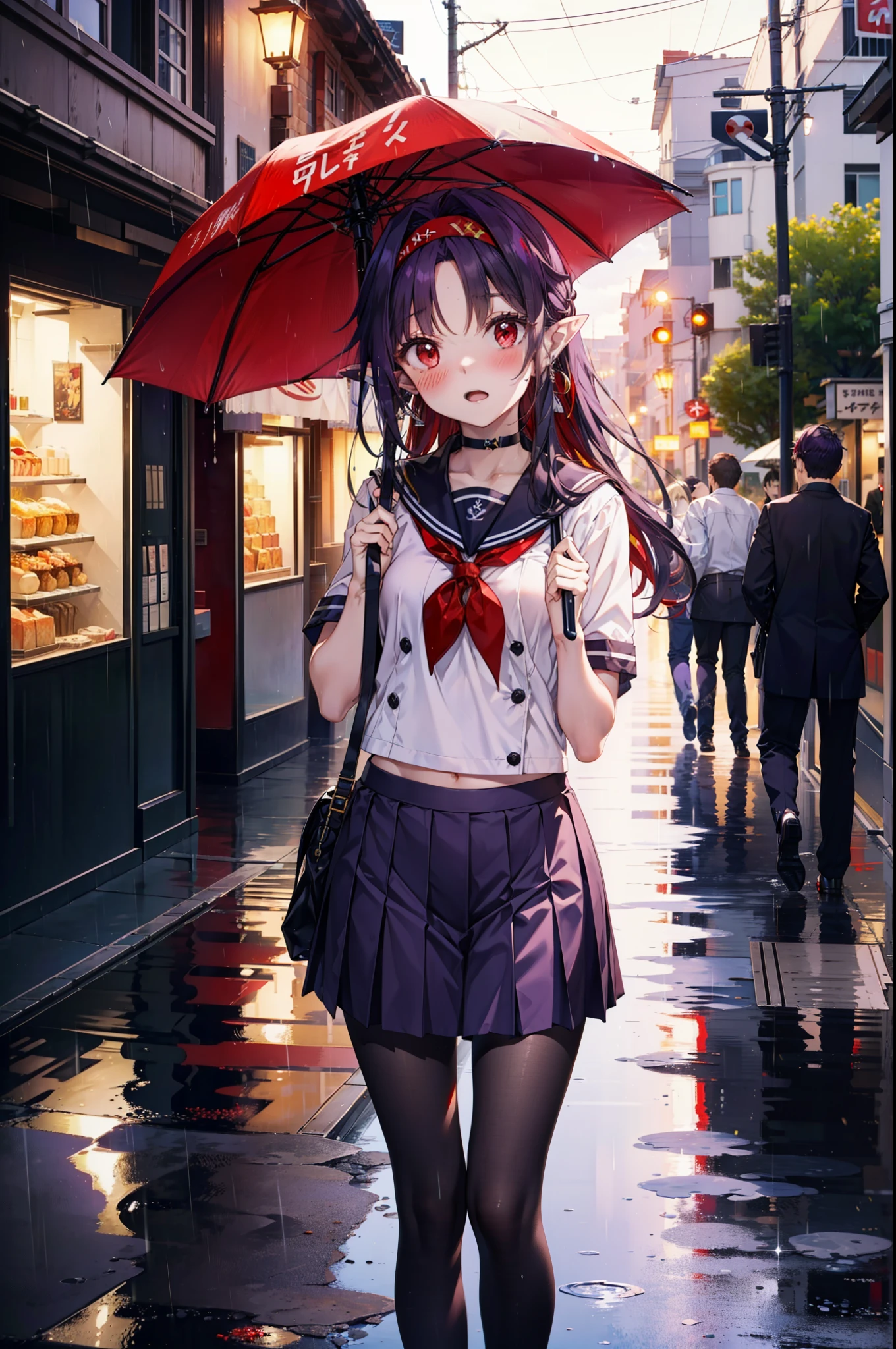 yuukikonno, Yuki Konno, hair band, Long Hair, Pointy Ears, Purple Hair,blush, Embarrassing,(Red eyes:1.5), (Small breasts:1.2), Open your mouth, uniform(Black sailor suit),Short sleeve,Black pleated skirt,black tights,Brown Loafers,rain,cloudy,umbrella,whole bodyがイラストに入るように,
break looking at viewer,  whole body,
break outdoors, city,Building Street,
break (masterpiece:1.2), highest quality, High resolution, unity 8k wallpaper, (shape:0.8), (Fine and beautiful eyes:1.6), Highly detailed face, Perfect lighting, Highly detailed CG, (Perfect hands, Perfect Anatomy),