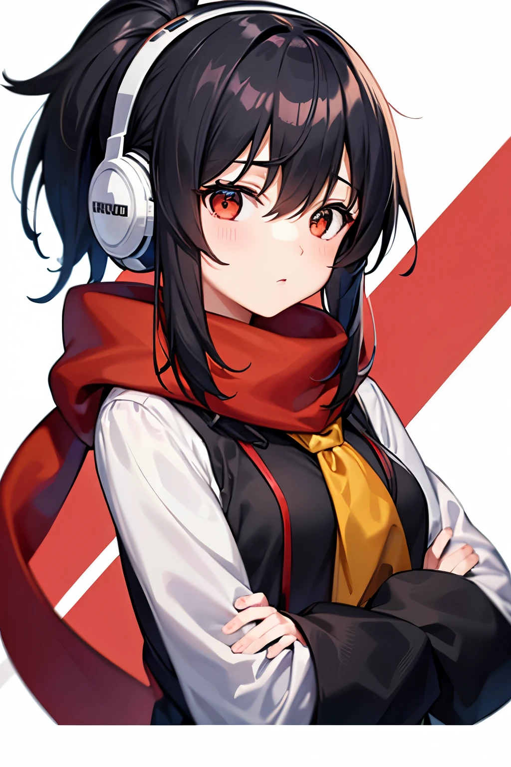 Woman in a penguin costume(upright、Black Hair、Red scarf、Yellow headphones)、Facing forward、The entire upper body and head are visible