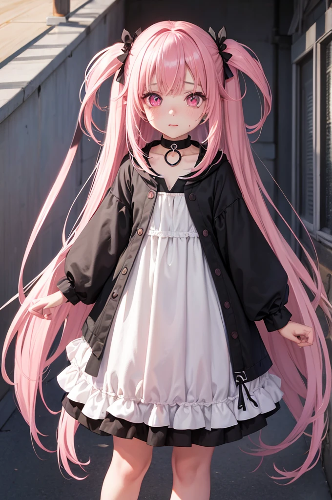 striated hair,Pink twin-tailed hair, Mole under the eyes, mole under mouth, Heart-shaped pupil, longeyelashes, Pink eyes, Heart-shaped choker、full body Esbian、gazing at viewer、Shy, blush, nose blush,Anime style, Color Field Painting, Ray tracing, bloom, One-person viewpoint, nffsw, awardwinning, 16 K, Best Quality, high details, High quality, masutepiece, hight resolution, ccurate, Super Detail、chee