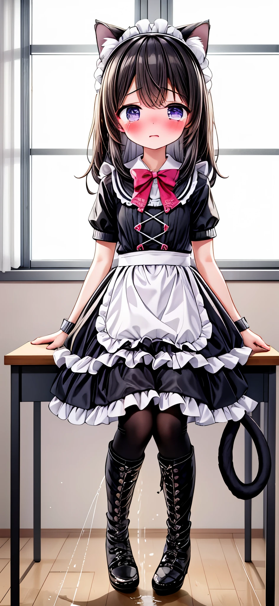 深色短发girl，Shy，blush，Maid costume，Black boots，classroom场景，For the audience，，White pantyhose，blush害羞，classroom scene，girl，，((absurd)), ((on the table)), (best quality), (lens flare), (Super detailed), (Fair), ((cute girl)), solitary, Fair face, White skin, on the table, (10 : 1.3), , 、A girl goes to the toilet、 eternal, cry, Close your eyes, Tears flow from the eyes, The embarrassment comes from, blush), (girl is peeing: 1.2),, look away, sit, Awkward, blush, Mouth slightly open, classroom (girl leaking urine): 1.5),Cat girl，Cat，Tail