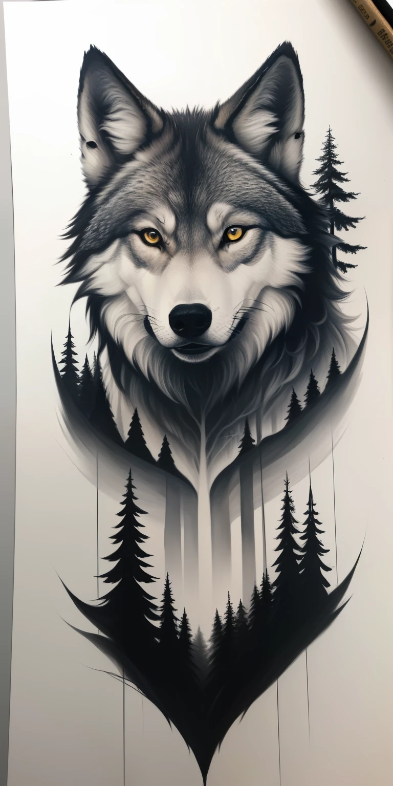 a close up of a drawing of a wolf with trees in the background, monochrome airbrush painting, airbrush, based on Wolf Huber, detailed airbrush art, extremely high quality work of art, airbrush art, soft airbrush, dark grey wolf, The Art of Airbrushing, airbrush on canvas, wolf, airbrush, ink, clear photo, Tattoo sketch