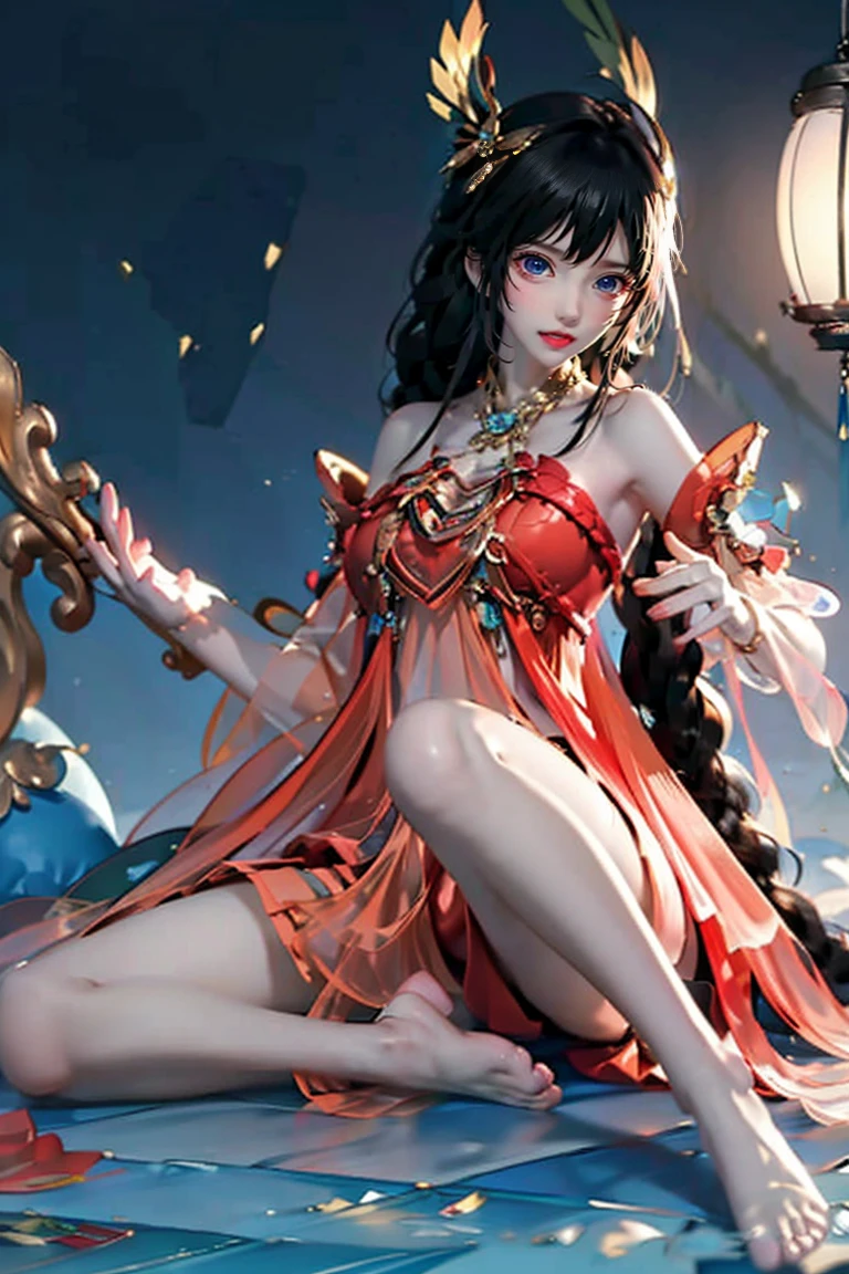 girl, Young and beautiful, tall and beautiful,bridge, Red clothes, Red_skirt,High heel,raise your legs,Upper body, Anklet, barefoot, jewelry, alone, braid, fall asleep, black hair, bracelet,((((spread legs)))),(((Ultra-thin legs))),proportionate,Surrealism,((White gloves)), faint smile,