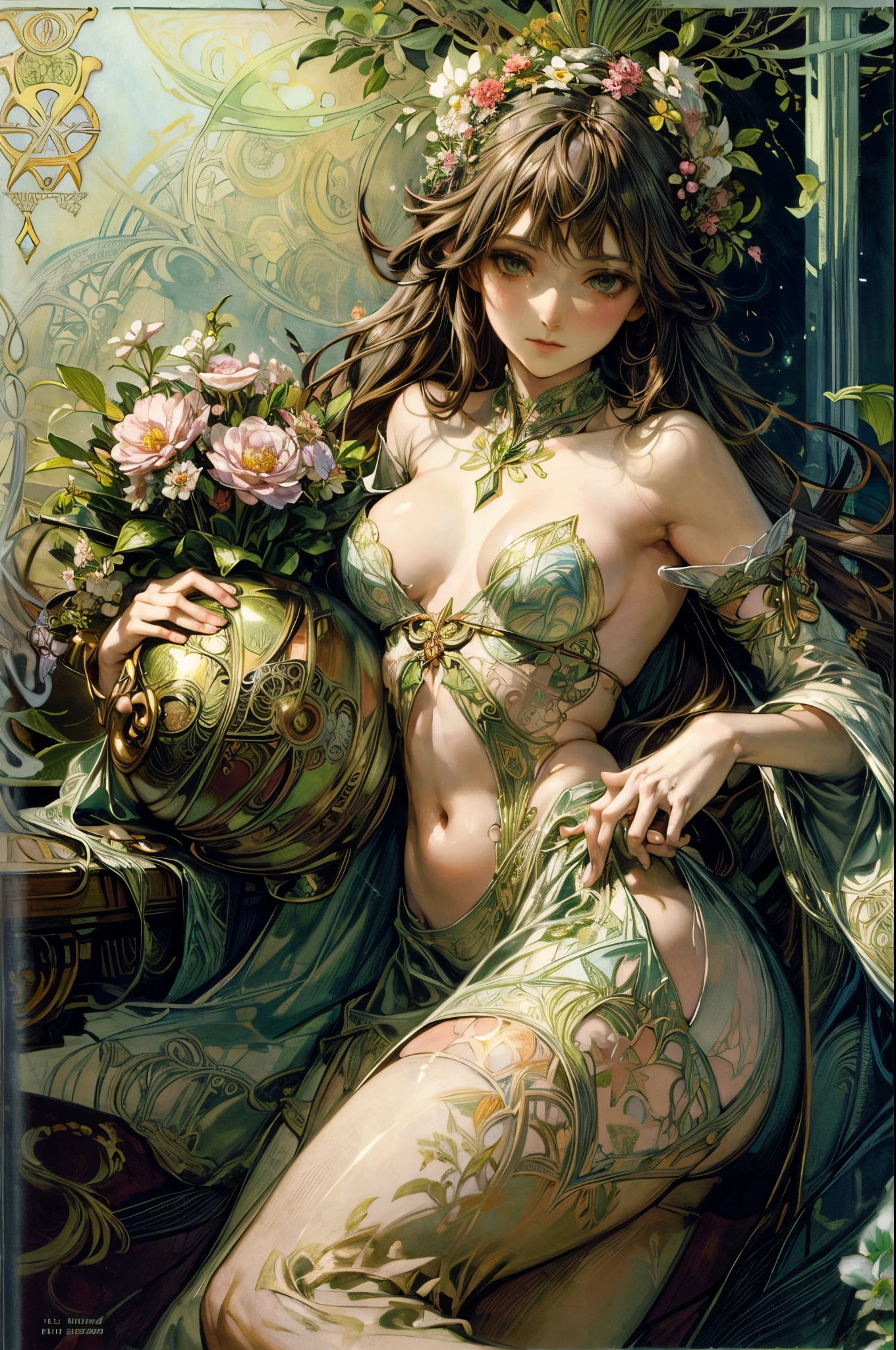 Depicts a beautiful woman with flowers in her hair、Highly detailed watercolor painting, The style of Alfons Maria Mucha and Gustav Kirmut, Art Nouveau accents, Fairy Princess, Anthropomorphic woman, Female figure, Detailed cover artwork, As the Flower Goddess, Alphonse Mucha, Gustav Klimt, Pale skin, Marble sculpture, CGSociety, Gothic art, Art Nouveau, Behance Contest Winner