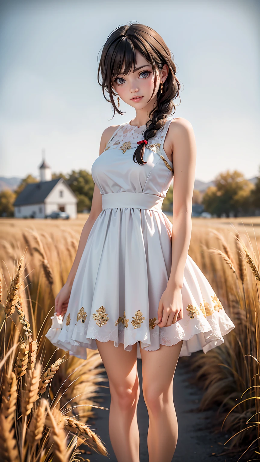 One girl, 20-year-old, Tall and attractive, Wearing a cute country dress, Braided hair, Standing on a rural farm. She's gentle, A kind smile and expressive eyes. A charming barn can be seen in the background., Golden wheat fields and clear blue skies. The composition should be bathed in warm golden hour light., The soft depth of field and soft bokeh accentuate the idyllic tranquility.. Capture images that look like they were shot on vintage 35mm film for added impact, movie