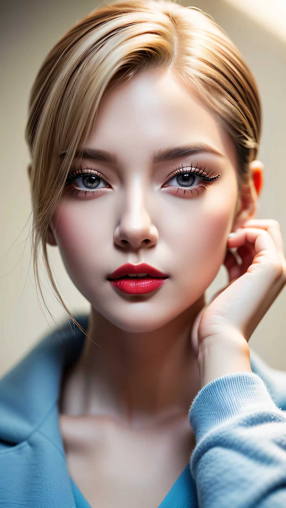 Realism, Realistic, ((ultra realistic details: velvety skin, blonde short slicked to the side hair, symmetrical lips, light glossy red_lipstick, long blue_eyelashes, pupils, BREAK ((brown_eyes))), anatomicallycorrect, perfect proportions), BREAK Hyper-Photorealistic ((portrait)) a cute 1model:1.4 24yo, dslr, best high quality soft lighting, sharp focus captured by Fujifilm XT3, f 5.6, in a dramatic lighting, l (perfect composition), ((pale skin)), ((dry skin)),