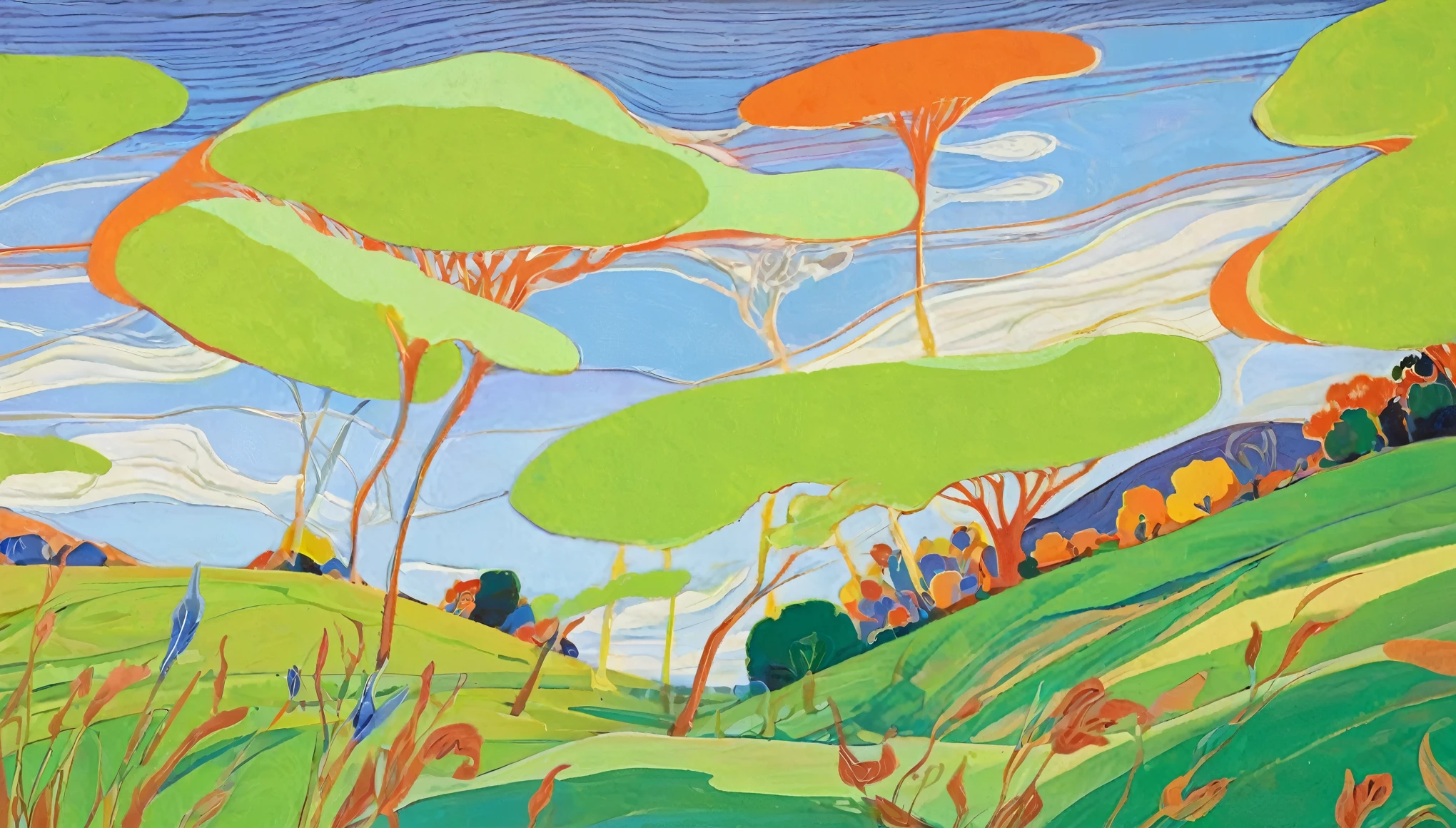 Brett Whiteley-style colorful illustration of the Australian countryside, rolling hills, Green pastures, with blue sky, Orange sun and white clouds, fauvism