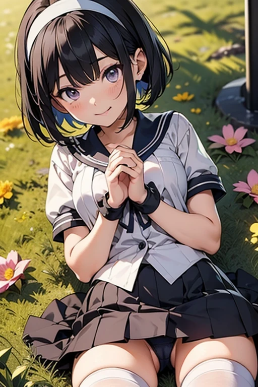 body 8 times longer than head, (Highly detailed CG unity 8k), (highest quality),(very detailed),(ultra high resolution), black hair, High school girl wearing a navy sailor suit, Anime 2D rendering, realistic young anime high school girl, ((White headband)), purple eyes, small breasts, tall, slanted eyes, (school scenery), black stockings, bright color, open your mouth, Dark blue skirt, bob cut, position looking down from above, lie on your stomach, Stick your cheeks with both hands, looking at the flowers blooming on the ground, smile,
