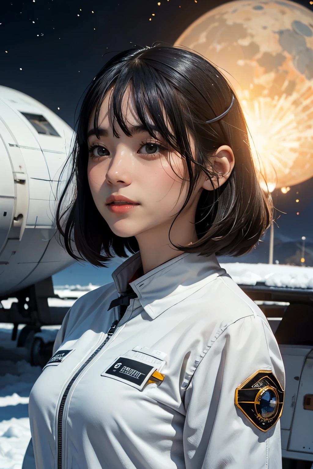 Ring World,science fiction,Sci-fi movies,cannon,long range missile,Based on the movie Foundation ,woman,adult,protagonist,28 years old,A hopeful expression,brown eyes,short hairstyle,Black hair with gray and white,Scientist uniform,white researcher coat,open grass field,rebel,chaotic,future world,world of socialism,snow,Chaoticness