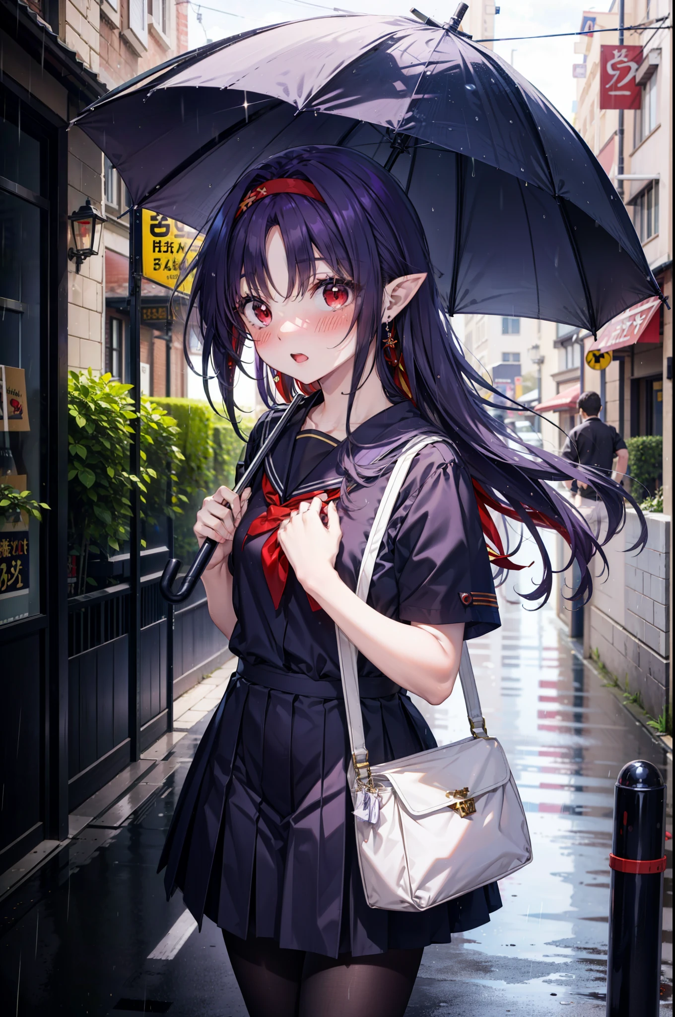 yuukikonno, Yuki Konno, hair band, Long Hair, Pointy Ears, Purple Hair,blush, Embarrassing,(Red eyes:1.5), (Small breasts:1.2), Open your mouth, uniform(Black sailor suit),Short sleeve,Black pleated skirt,black tights,Brown Loafers,rain,cloudy,umbrella,whole bodyがイラストに入るように,
break looking at viewer,  whole body,(Cowboy Shot:1. 5)
break outdoors, city,Building Street,
break (masterpiece:1.2), highest quality, High resolution, unity 8k wallpaper, (shape:0.8), (Fine and beautiful eyes:1.6), Highly detailed face, Perfect lighting, Highly detailed CG, (Perfect hands, Perfect Anatomy),