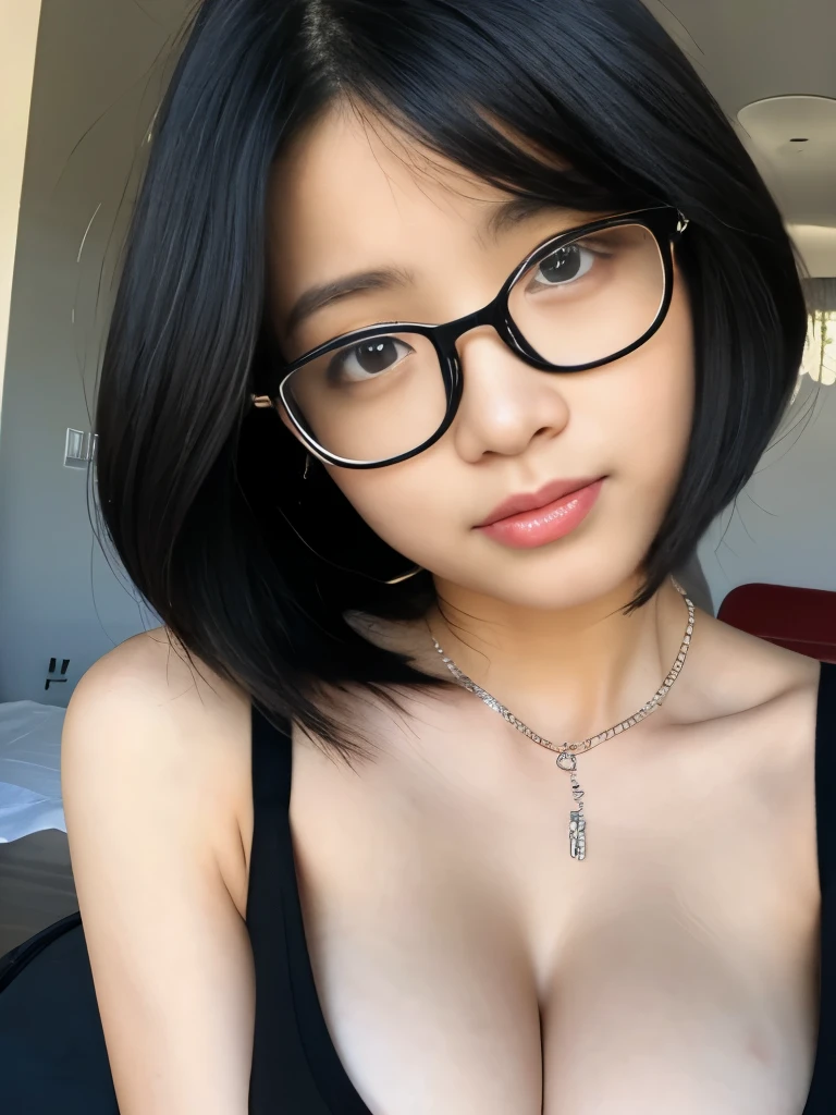  asian girls using black tank top (big breast) using a glasses and short hair full face 