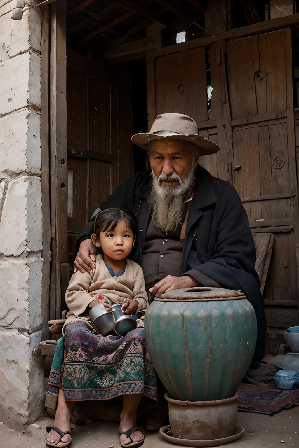 Draw a picture that includes the Karakoram Mountains, an old house yard, an old Tibetan woman with two Makhor babies on her lap, and a large Markhor pot eating. There is an old man leaning against the wall drinking hakka.