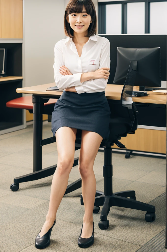 upper-class elite secretary in slightly open formal blouse, Working in the office、Wearing a long miniskirt, naked legs、Wear black high-end open heels Girl in a shirt, Wearing a dark green long miniskirt , short curly bob hair, Wearing a business white blouse, in a thight long miniskirt, businesswoman, crossed legs , Wear a shirt and skirt, Woman in business suit, business outfit, Raw photo, (8K、top-quality、masterpiece:1.4)、(intricate detailes:1.4)、(Photorealsitic:1.4)、octane renderings、Complex 3D rendering ultra detail, Studio Soft Light, Rim Lights, vibrant detail, super detailing, realistic skin textures, Detail Face, Beautiful detail eyes, Very detailed CG Unity 16k wallpaper, make - up, (detailedbackground:1.4), tightly crossed right legs!!!, full body view sitting on a chair, full display legs feet!, display feet’s open high heels, crossed legs, view from feet to face full view