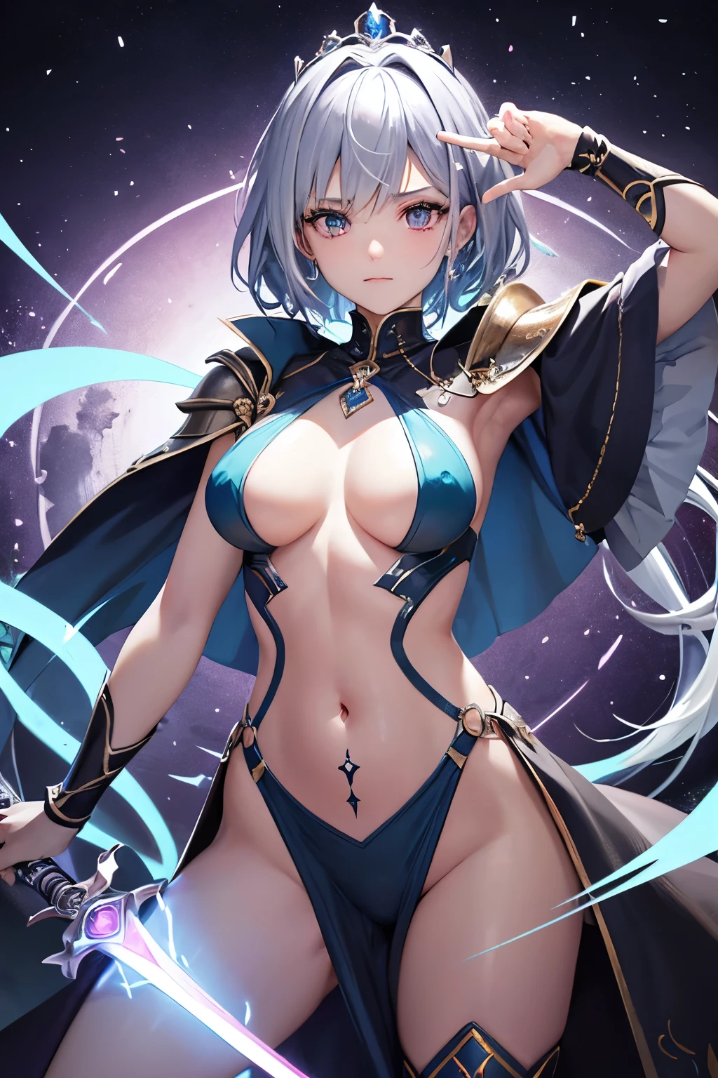 (((highest quality、first-clasasterpiece、Normal body、8k、Detailed face、Ultra-precision、Normal hand、Normal finger、5Finger、)))Brightly colored hair、Silver-turquoise hair、Short Hair、Shortcuts、Sleeping habit head、Unshaven Head、Small breasts、Beautiful body、Brave、Brave Princess Knight、A sad expression、A look of amusement、Moist eyes、Legendary Sword、Sword of Light、Dragon Sword、Sword and magic circle、Magic Sword、The Great Magic of Light、huge magic circle、Shiny Tiara、Silver Breastplate、knight armor、Dress Armor、metalic armor、Armor Skirt、Silver Leotard、Navel-baring leotard、Green belt、Silver Half Cloak、Evil Eye、Blue and scarlet odd eyes、Magic circle pattern on eyes、Demon King's Castle、Evil Cave、Swinging a Sword、Sweep with a sword、In combat、Heart mark on uterus、Heart pattern on abdomen、Heart tattoo on belly、Heart mark on navel、The Cursed Princess Knight、The Curse of Passion、Princess Knight Under a Spell、Princess Knight Trapped in a Spell、Chains in both handysterious World、Pink in the Brain、Walking Obscenity、Lewd temperament、Masochistic temperament、Always in heat、defeat wish、training desire、Obscene delusions、Twitch twitch、Twitch twitch