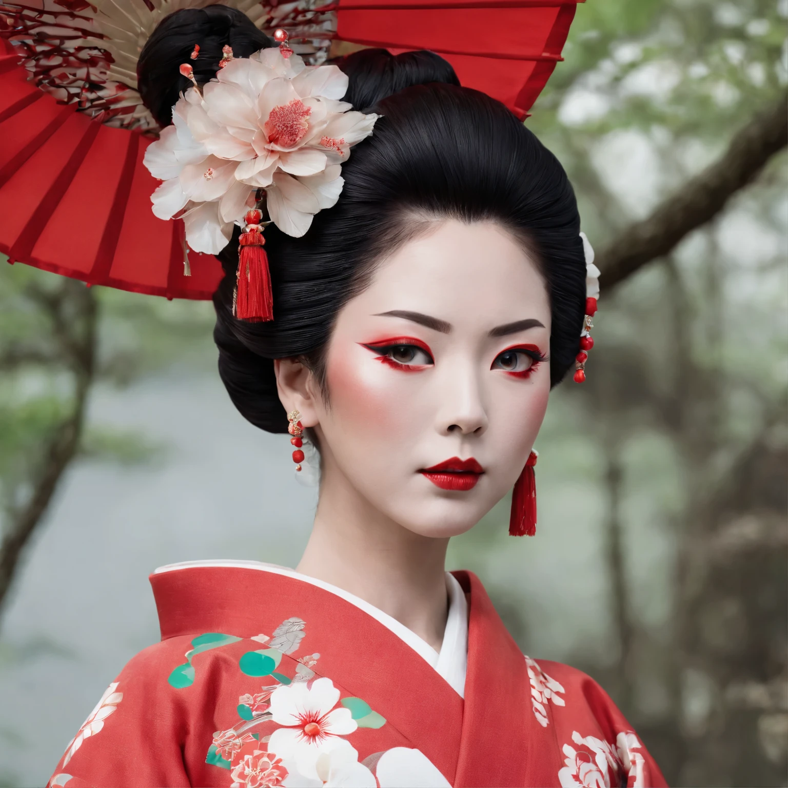 A gorgeously decorated maiko,She is a very elegant and beautiful 25-year-old woman.,Her Japanese hairstyle is lavishly decorated,Red and white traditional kimono