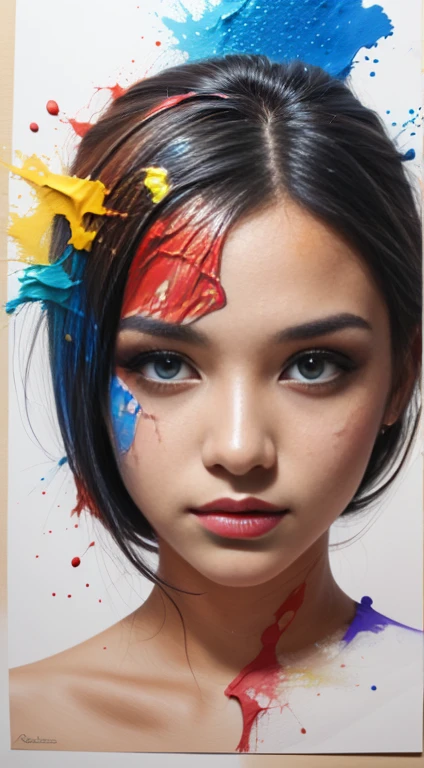 colored pencil drawing of a beautiful woman's face with paint splashed on it and drops of paint falling off --ar 4:5 --s 500