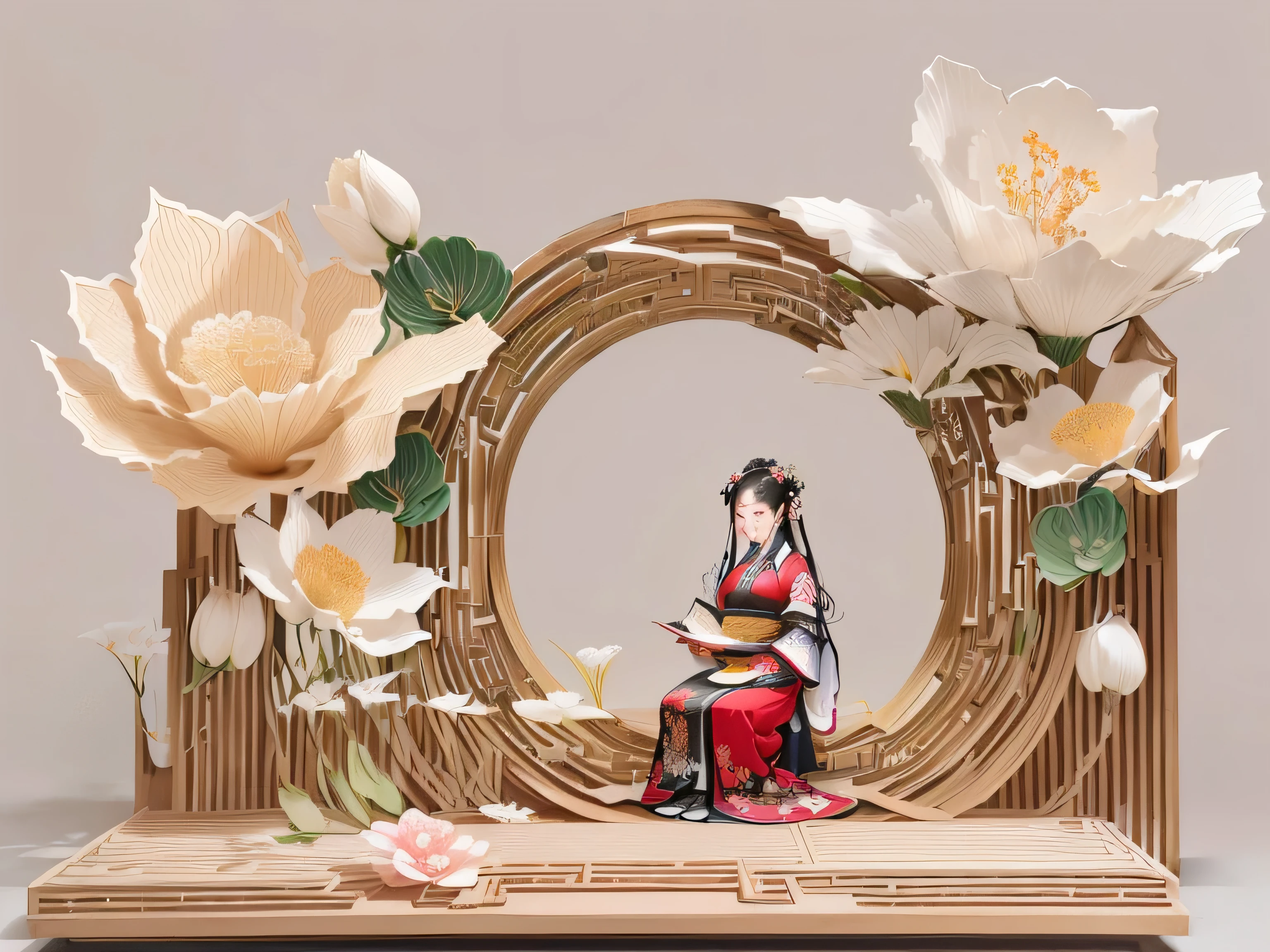 there is a picture of a woman sitting in a flower frame, inspired by Li Di, inspired by Liu Jue, inspired by Jiang Tingxi, inspired by Liu Haisu, inspired by Zhang Zeduan, inspired by Pu Hua, intricate story, ukiyo - e sculpture, paper art, inspired by Guo Xi, inspired by Huang Gongwang
