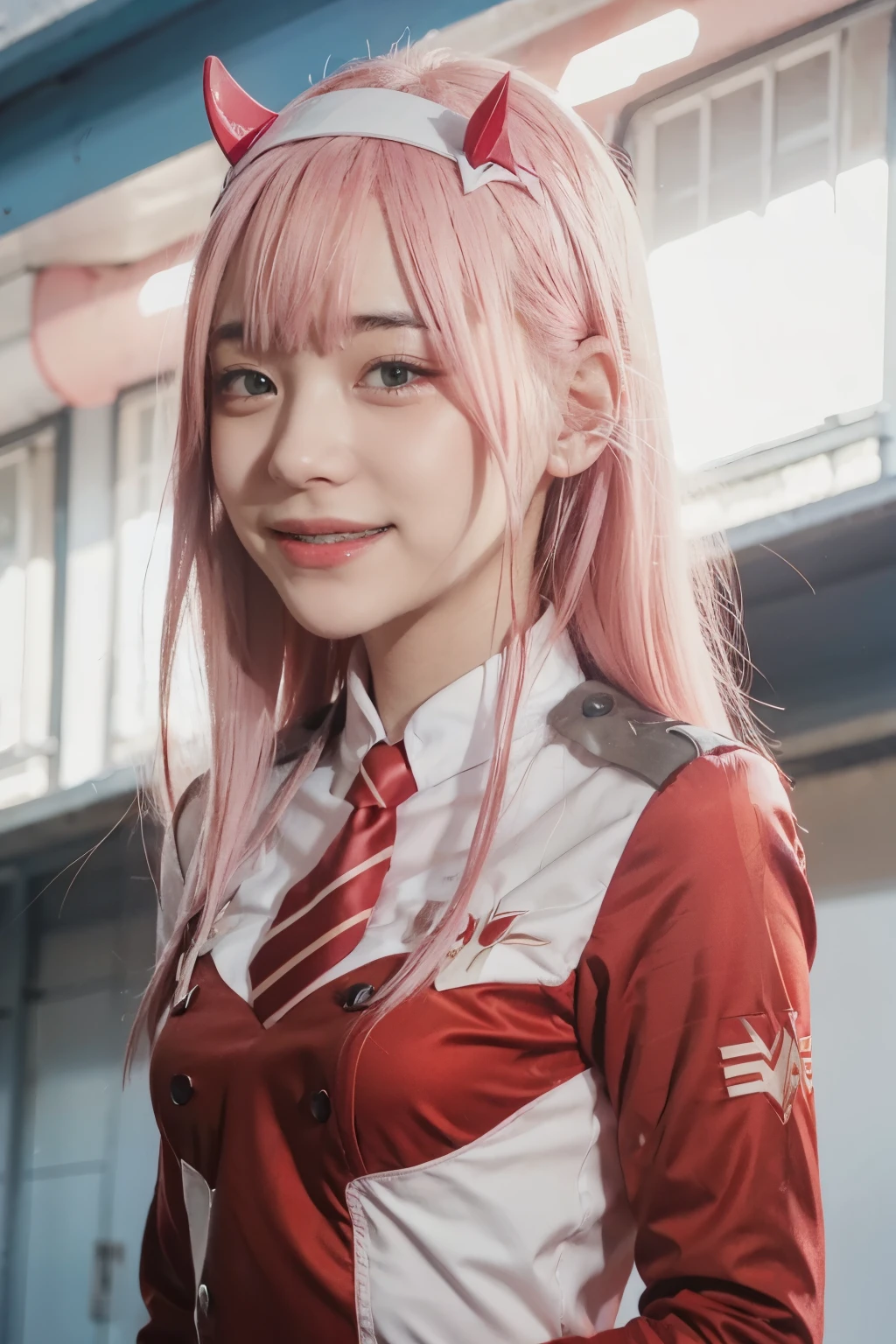 zero two \(darling in franxx\), Horn, 1 girl, alone, pink hair, headband, long hair, smile, white headband, uniform, necktie, soldier, soldier uniform, medium chest, look at viewer, chest, upper body, Eyebrows visible through hair, double breasted, buttons