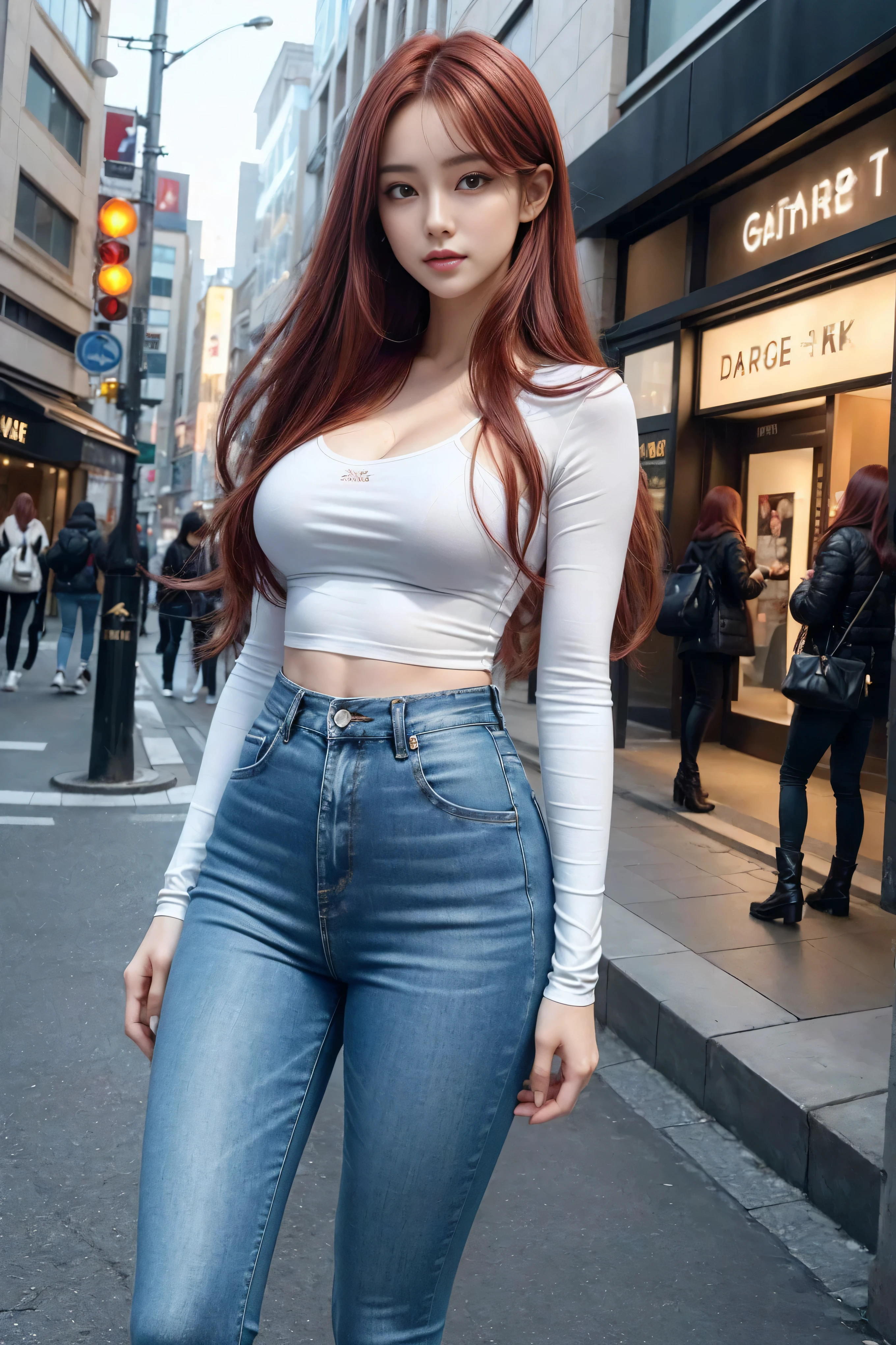 best quality photo, 8k, ultrarealism, redhead woman, informal clothing, background blur, low waist jeans, thin waist, sexy, Japanese street