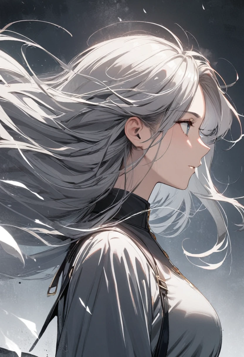 1 girl, alone,Fleeting,Well-formed face,profile,Gray Hair Color,Long Hair
