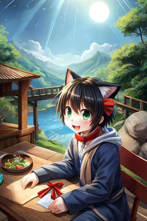 name: Nyataro Age: 15 years old(Young in cat years)
gender: Male Appearance:
- The coat color is deep black.、May have a bluish tint when exposed to sunlight。
- Emerald green eyes、Emotions are expressed abundantly。
- Always a bit old-fashioned、But she is wearing clothes that look easy to move in.。
- A red ribbon is tied around her neck、The ribbon has a small silver bell attached to it.。
- There is a small scratch on the ear.、It's a remnant of adventure。
character:
- Cheerful and energetic、Always brightening up the atmosphere around you。
- A little bit clumsy、Often makes mistakes。
- A kind-hearted person who cares for his friends。
- A good-natured person、I can't just leave someone in trouble。
- He has a bit of a playful side、hour々Sometimes it can be a nuisance to those around you、I will reflect on it.。
Special Skills:
- I am good at jumping from high places and moving quickly.、I'm more agile than anyone else.。
- Because I have a good nose、Quickly find hidden and tasty treats。
- Good sense of pitch、Sensitive to music、I often hum。
What we liked:
- Fresh fish(Especially salmon)
- A nap in the warm sunshine - Beautiful music - Stargazing(It feels especially special on a full moon night.)
What I don't like:
- Thunder and loud noises - Getting wet(Rainy days make me feel depressed)
- Crowds(A little scared)
background:
Nyataro is、I was born and raised in a small village、I decided to leave the village and go on an adventure.。Through adventure、Make many friends、Seeking self-improvement。The bell on his ribbon was a gift from the village elder.、It was given to me so that I would never forget that everyone in the village is always watching over me.。