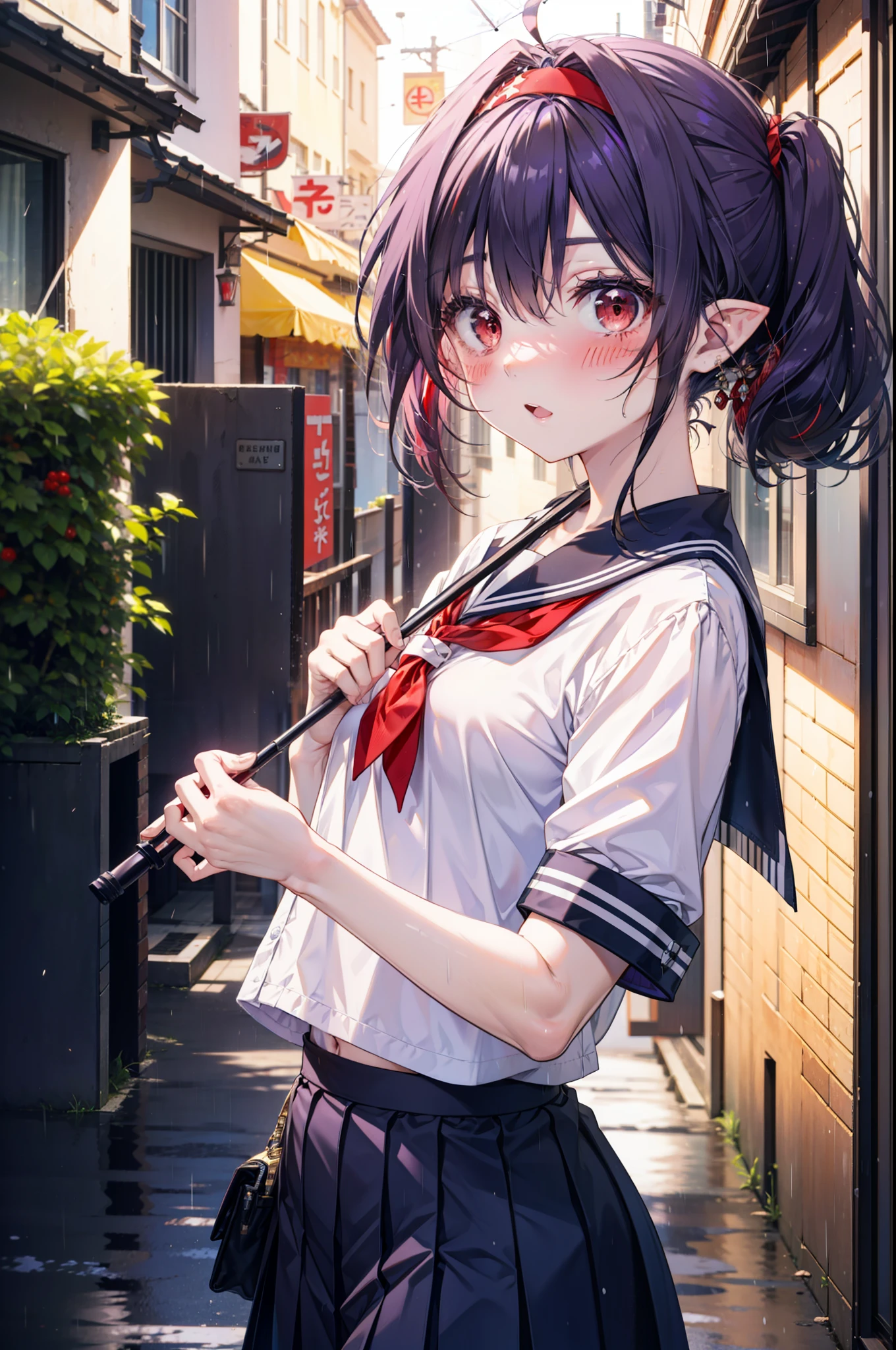 yuukikonno, Yuki Konno, hair band, Long Hair, Pointy Ears, Purple Hair,blush, Embarrassing,(Red eyes:1.5), (Small breasts:1.2), Open your mouth, uniform(Black sailor suit),Short sleeve,Black pleated skirt,black tights,Brown Loafers,rain,cloudy,umbrella,whole bodyがイラストに入るように,
break looking at viewer, whole body,Upper Body,(Cowboy Shot:1. 5)
break outdoors, city,Building Street,
break (masterpiece:1.2), highest quality, High resolution, unity 8k wallpaper, (shape:0.8), (Fine and beautiful eyes:1.6), Highly detailed face, Perfect lighting, Highly detailed CG, (Perfect hands, Perfect Anatomy),