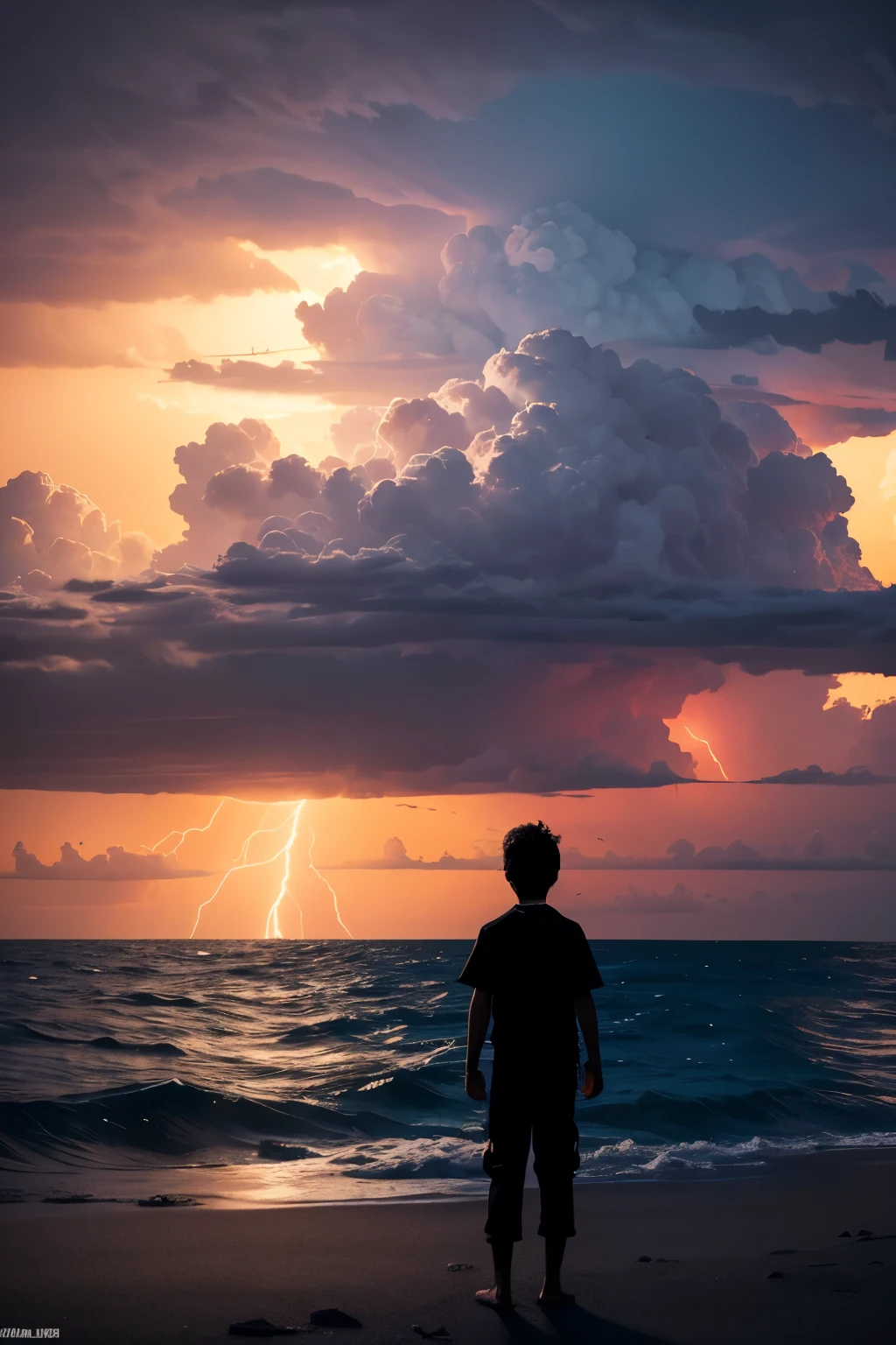 a young  boy silhouetted against a sunset over an atoll island, dark ominous electric storm clouds approaching with dramatic lightning strikes in the sky, detailed and realistic, cinematic lighting, dramatic atmosphere, highly detailed, photorealistic, 8k, masterpiece, ultra-detailed, hyper-realistic, volumetric lighting, intricate details, ambient occlusion, global illumination, physically-based rendering, epic landscape, award winning photography, stunning vista