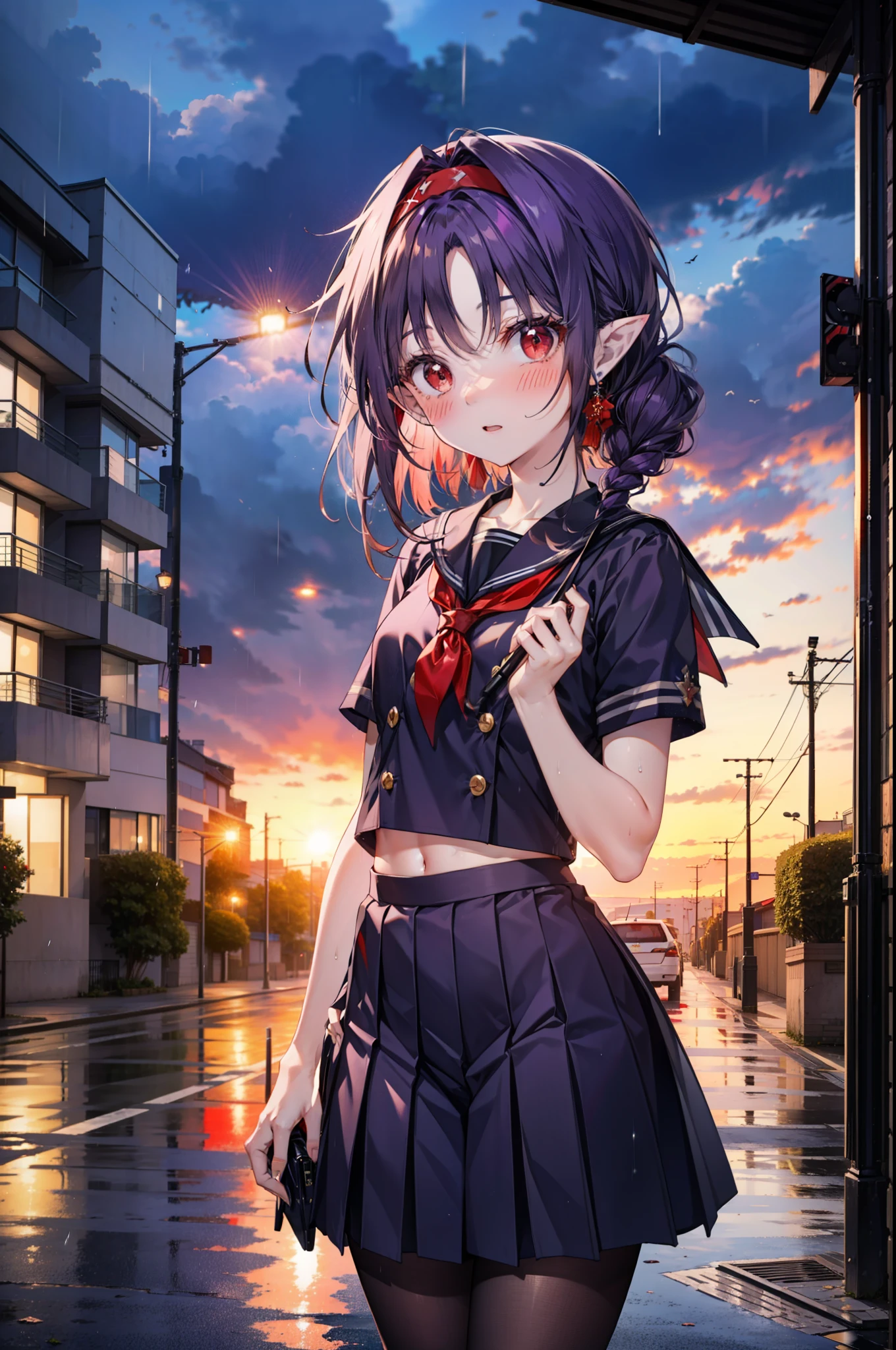 yuukikonno, Yuki Konno, hair band, Long Hair, Pointy Ears, Purple Hair,blush, Embarrassing,(Red eyes:1.5), (Small breasts:1.2), Open your mouth, uniform(Black sailor suit),Short sleeve,Black pleated skirt,black tights,Brown Loafers,rain,cloudy,umbrella,whole bodyがイラストに入るように,
break looking at viewer,  whole body,Upper Body,(Cowboy Shot:1. 5)
break outdoors, city,Building Street,
break (masterpiece:1.2), highest quality, High resolution, unity 8k wallpaper, (shape:0.8), (Fine and beautiful eyes:1.6), Highly detailed face, Perfect lighting, Highly detailed CG, (Perfect hands, Perfect Anatomy),