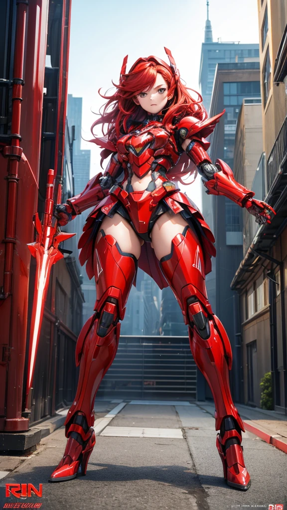 Large red-haired female robot , Red sci-fi fluorescent armor,helmet ,chest,female body,Mechanical joints,wing,Iron skirt,thigh, High heel, Standing,front,City(masterpiece, best quality, high quality, High resolution, Extremely detailed),