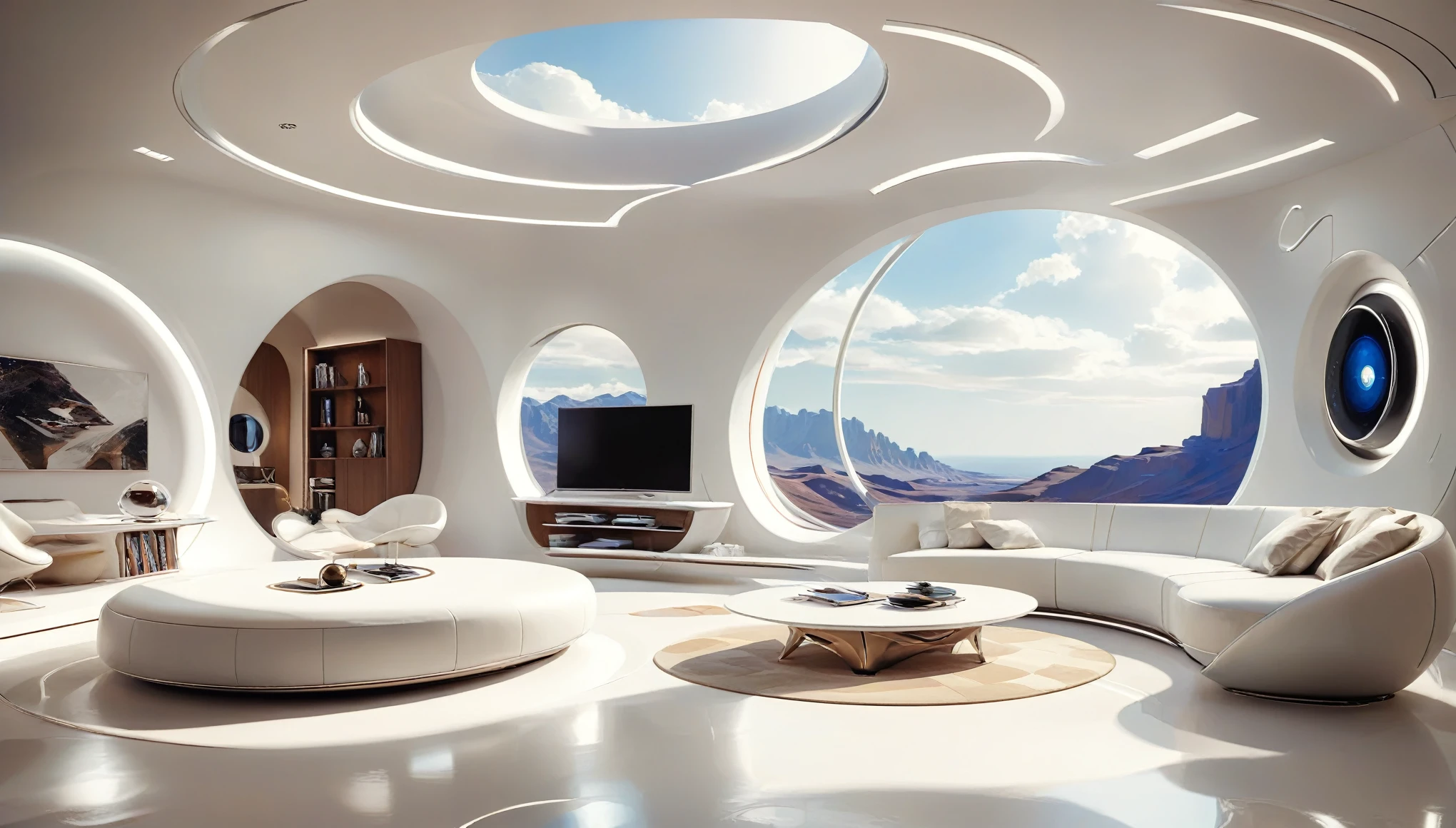 Living room study concept for futuristic home incorporates organic fluidity、Circles and geometric shapes，and use artistic imagination to render houses and landscapes, Pure white technology style，Spacious indoor space，super exquisite details，4K quality rendering，Real light and shadow