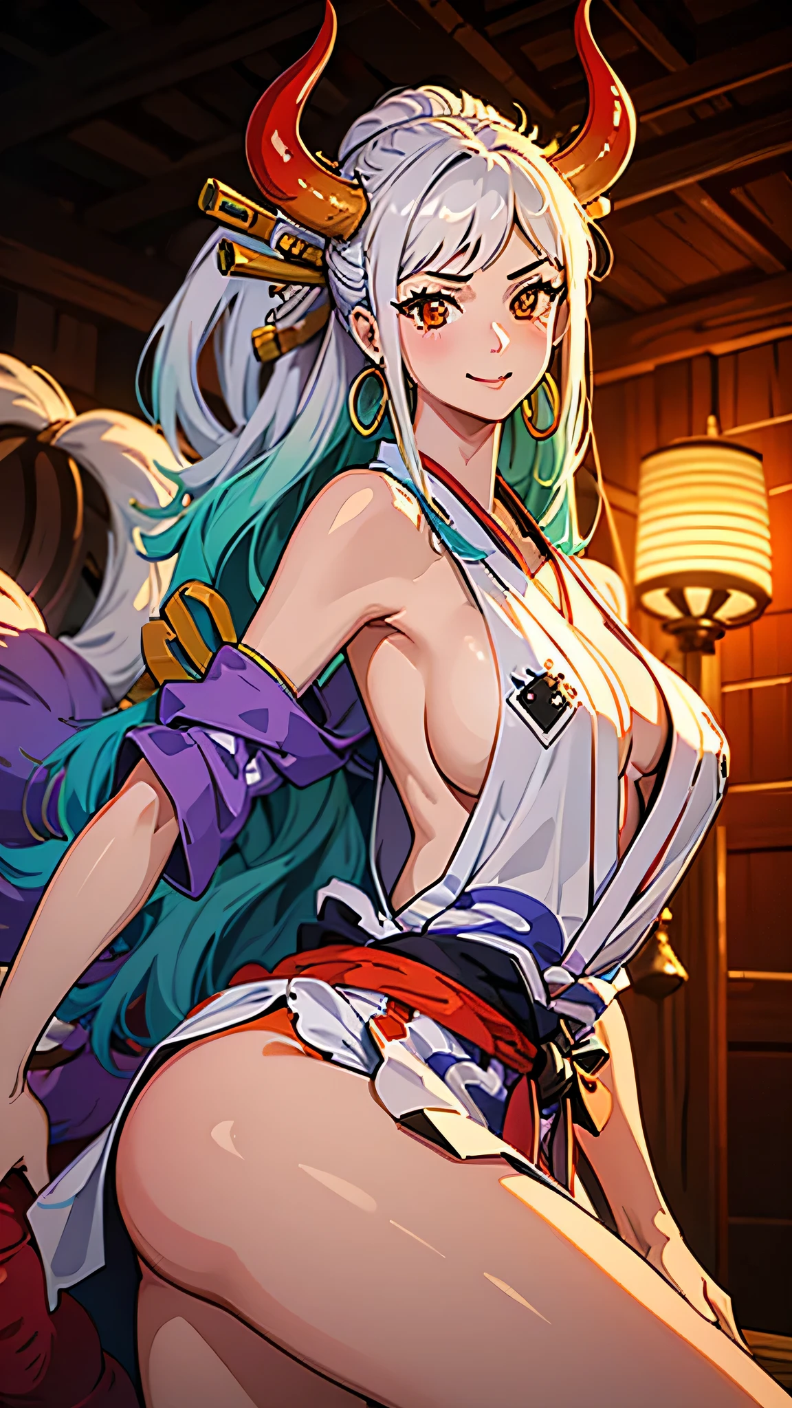 highest quality、Best image quality、masterpiece, (Photorealistic:1.4),Beautiful lighting, Absurd, Photo guy, Film Grain, ((Average chest, Slim girl)), yamato, Long Hair, 1 Girl, horn, Gray Hair, only, They are, Red horn, Winding horn, hair ornaments, (Multicolored Horn), jewelry, Earrings, kimono, kimono, Hairpin, Sleeveless, Exposing shoulders, Aqua Hair, Side Lock, hoop Earrings, In the same way, smile, large smile, ((Orange eyes, Slim girl)), Big Breasts , sexy pose, bewitching pose, leaning forward,