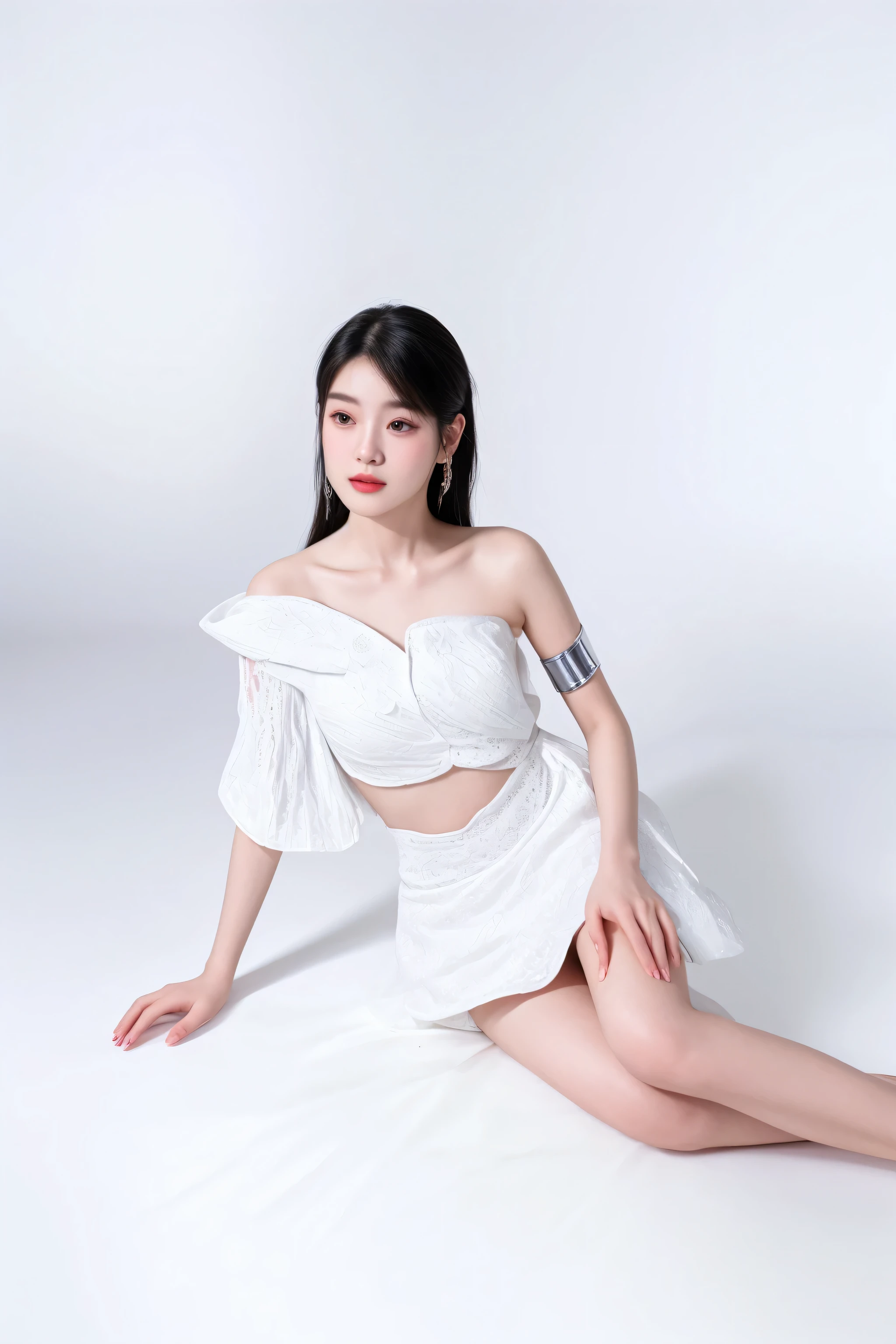 arafed woman in white dress sitting on floor with her legs crossed, in white clothes, a beautiful woman in white, solo photoshoot, inspired by Gao Xiang, inspired by Ai Xuan, mai anh tran, captured on canon eos r 6, in style of lam manh, inspired by Gao Qipei, promotional photoshoot, white background : 3