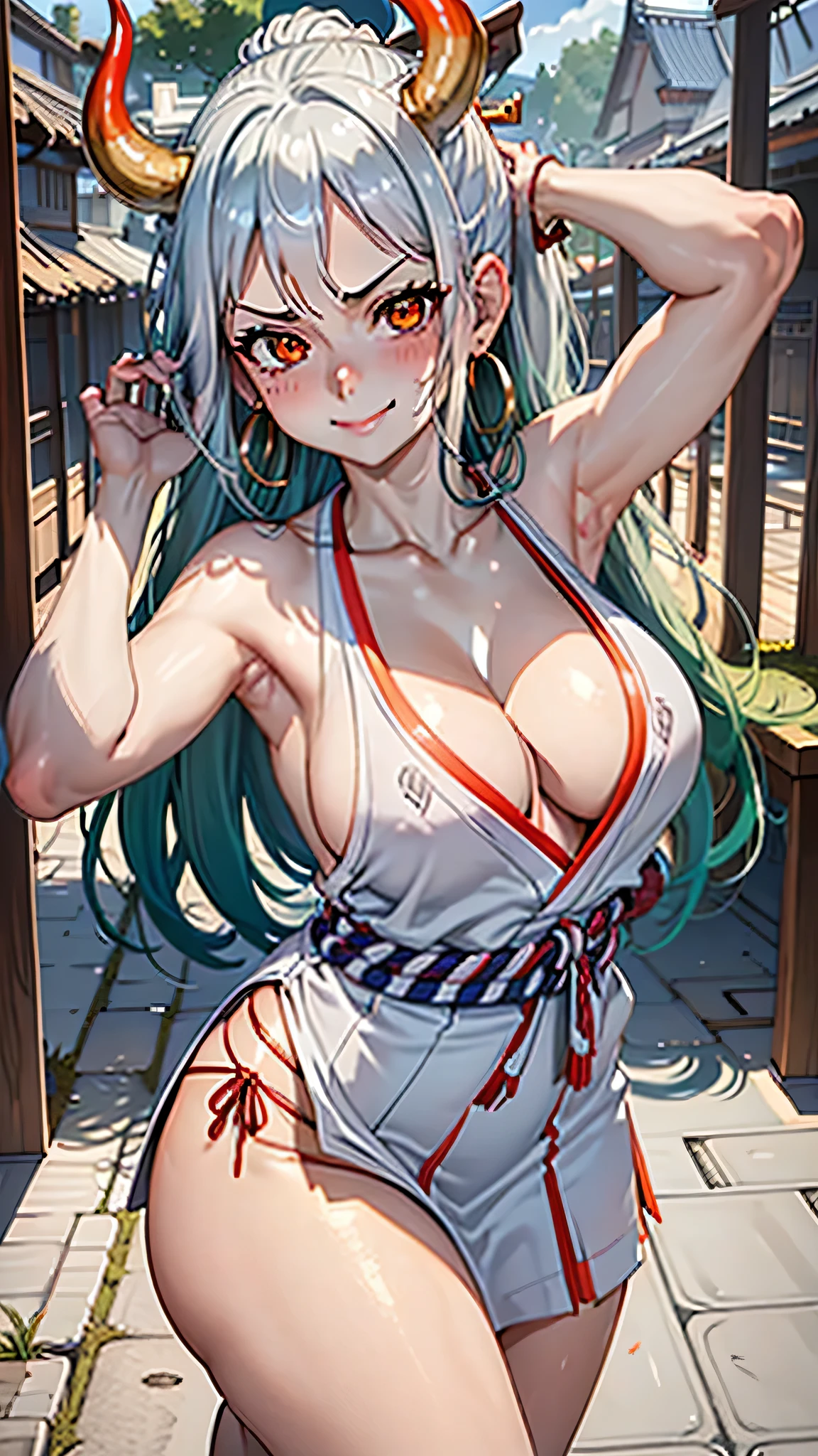 (masterpiece), high quality, 最high quality, ((insanely detailed)), anme style, yamato, one piece, Gray Hair, Orange eyes, Gray Hair with green and black tips, alone, Long Hair, View Viewer, blush, smile, hair ornaments, kimono, shimenawa, Cleavage, Exposing shoulders, Shiny skin, In the same way, In the same way skirt, clavicle, Side Lock, Multicolored Hair, Earrings, horn, One girl, Big Breasts, Side bust, Bare arms, Thick thighs, High Ponytail, Curvy, They are, hoop Earrings, Hairpin, curled horn, red horn, sleeveless kimono, sexy pose, bewitching pose, arms behind head, 