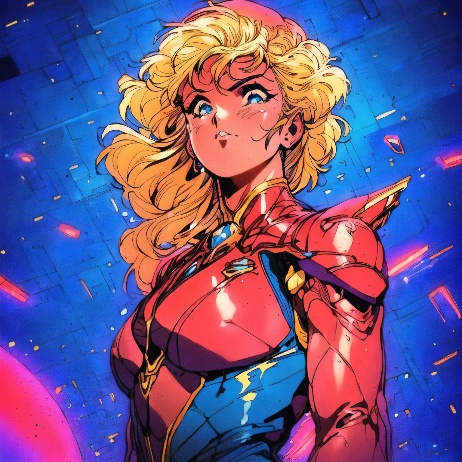 a woman in a blue and gold costume standing in front of a red and blue background, artgerm julie bell beeple, artgerm jsc, by stanley artgerm, steven artgerm lau, artgerm and atey ghailan, style of stanley artgerm, extremely detailed artgerm, stanley artgerm lau