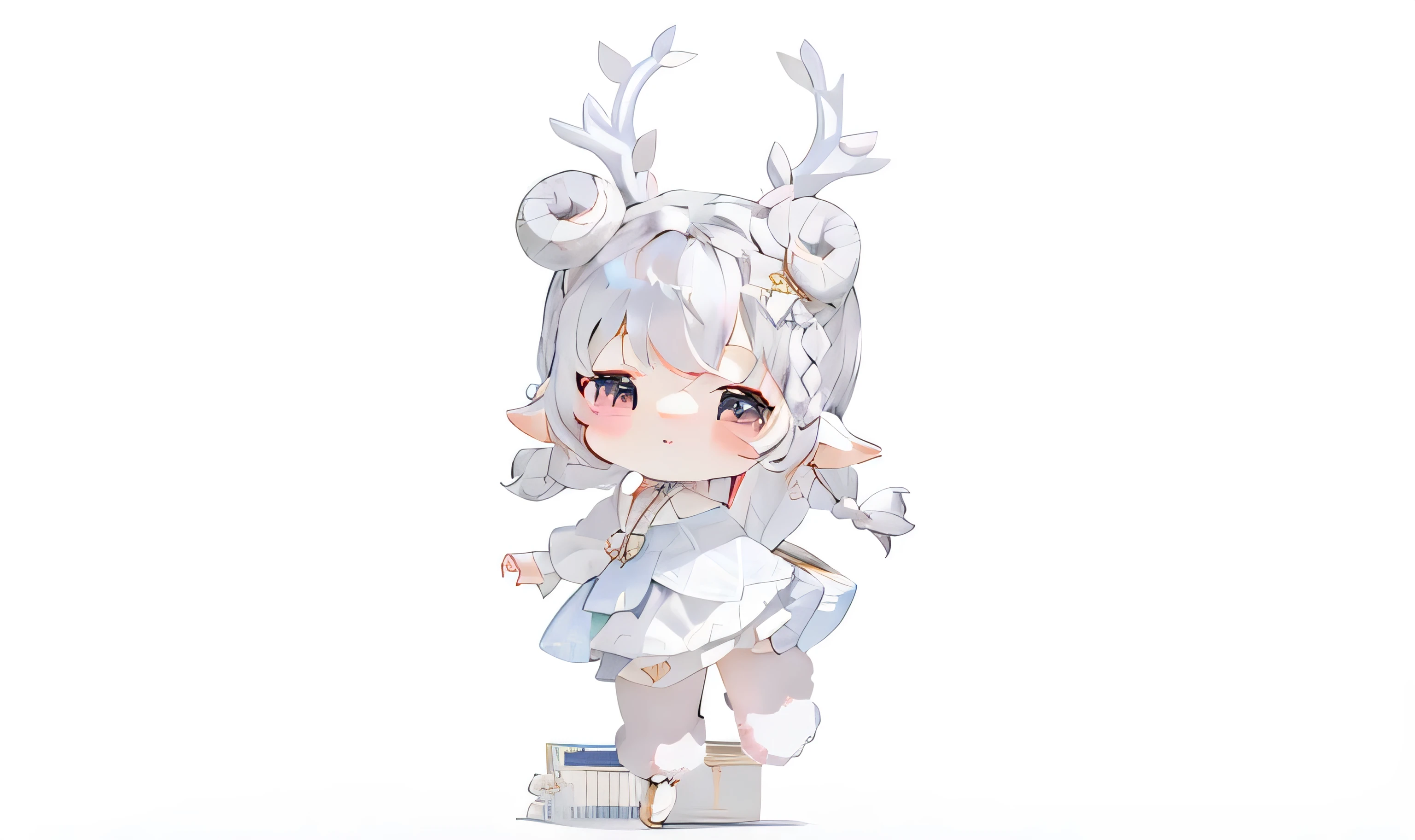 Sheep horns ,lolita cute character, ,,Lalafer, Sheep horns little loli girl, 2d，Two-dimensional，，celluloid，HD，8K，，，Correct structure ，Q version is very cute，Wearing a sleeveless dress，antlers，Braid，