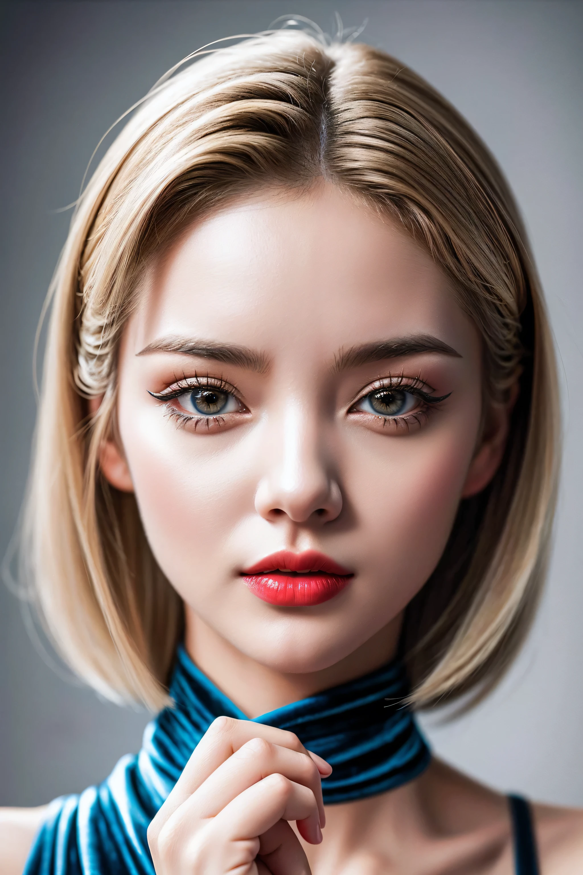 Realism, Realistic, ((ultra realistic details: velvety skin, blonde short slicked to the side hair, symmetrical lips, light glossy red_lipstick, long blue_eyelashes, pupils, BREAK ((brown_eyes))), anatomicallycorrect, perfect proportions), BREAK Hyper-Photorealistic ((portrait)) a cute 1model:1.4 24yo, dslr, best high quality soft lighting, sharp focus captured by Fujifilm XT3, f 5.6, in a dramatic lighting, l (perfect composition), ((pale skin)), ((dry skin)),