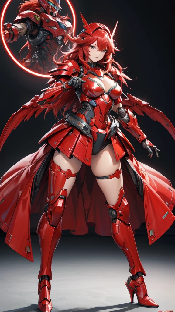 Large red-haired female robot , Red full body sci-fi fluorescent armor,helmet ,chest，female body，Mechanical joints，wing，Iron skirt，thigh， High heel, Standing，front，City(masterpiece, best quality, high quality, High resolution, Extremely detailed),