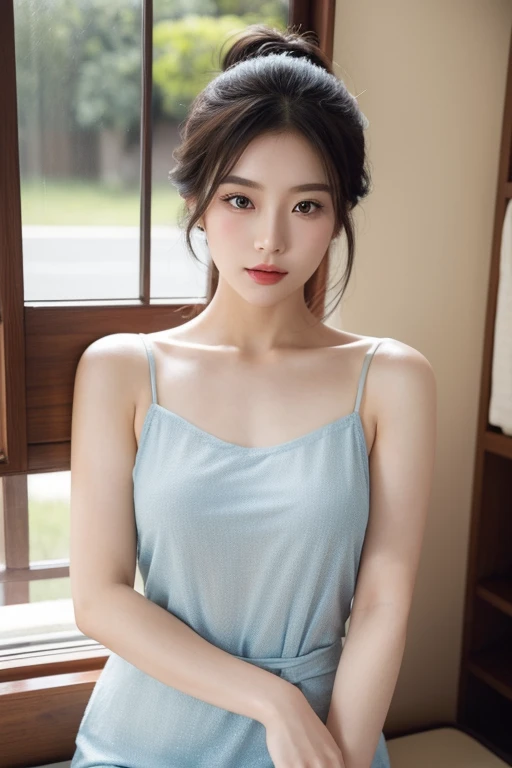 absurdres, RAW photo, extremely delicate and beautiful, masterpiece, Best Quality, ultra high resolution, 16k, hyperrealistic, ultra-detailed, Very detailed CG 8k wallpaper, Beautiful Lighting, Perfect Lightning, Realistic Shadows, perfect anatomy, super Detailed shiny skin, perfect figure, Japanese woman, late 20s, very Slim body, narrow waist, very small head, handsome detailed woman, very detailed eyes and face, realistic face proportions, Stunning detailed eyes, Realistic beautiful face, very small face, Realistic small beautiful eyes, double eyelids, makeup, tearful mole, mole on chest, earring, bare legs, beautiful and very thin legs, beautiful and very thin thighs, sleeveless, ((very huge round breasts)), ((full body shot)), (short hair), wavy hair, (wearing light blue scrubs),