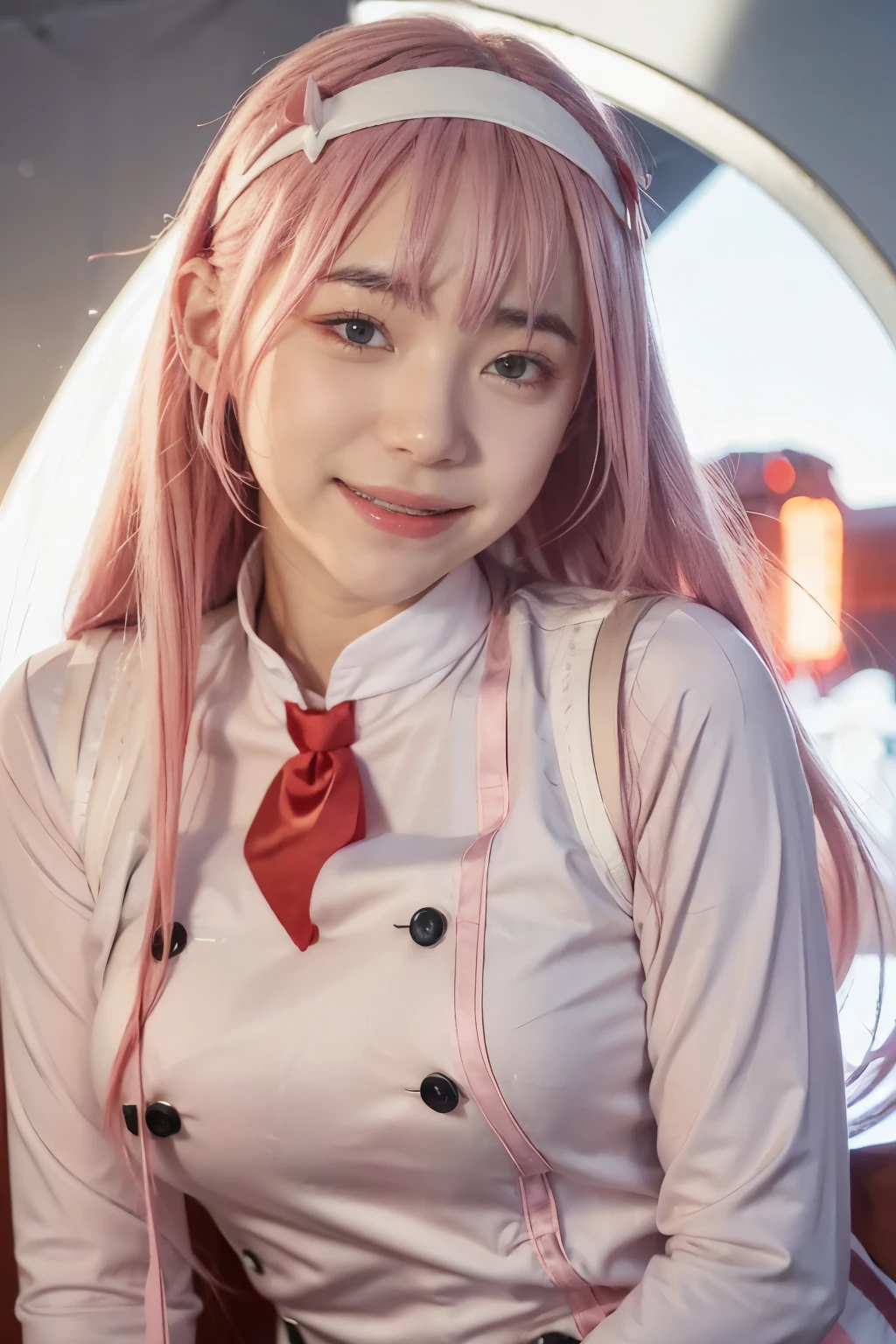 zero two \(darling in franxx\), Horn, 1 girl, alone, pink hair, headband, long hair, smile, white headband, uniform, necktie, soldier, soldier uniform, medium chest, look at viewer, chest, upper body, Eyebrows visible through hair, double breasted, buttons