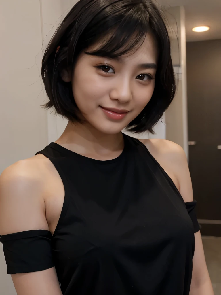 ******** asian girls using black sleep dress (facing to the camera) short black hair smiling at viewer (small breast)