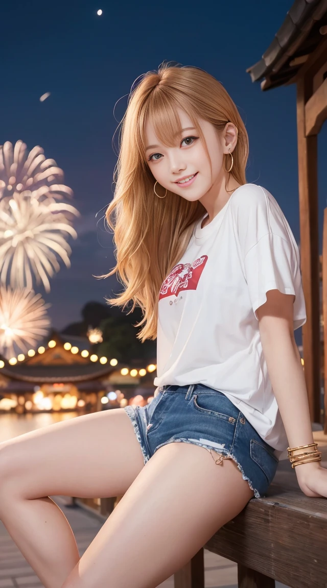 flying debris、highest quality、An illustration、highest quality、Understood、High resolution、8k wallpaper、Perfect dynamic composition、(((Ezvian Everywhere)))、((From below))、Beautiful and cute 20 year old girl、Beautiful face in every detail、Delicate and cute eyes、Fine skin、Red cheeks.、shy、(Semi-short hair:1.3)、(wavy blonde hair)、Small breasts、Bold sexy pose、smile、Small breasts、Between the legs、Small Ass、Thin ass、Generated on the eaves.、Narrow shoulders、wavy blonde hair、blonde、Heart-shaped earrings、smile、、Gold bracelet、Summer festival、Tie your hair back、Fireworks Festival Venue、night、Fireworks in the background、White T-shirt、jeans、